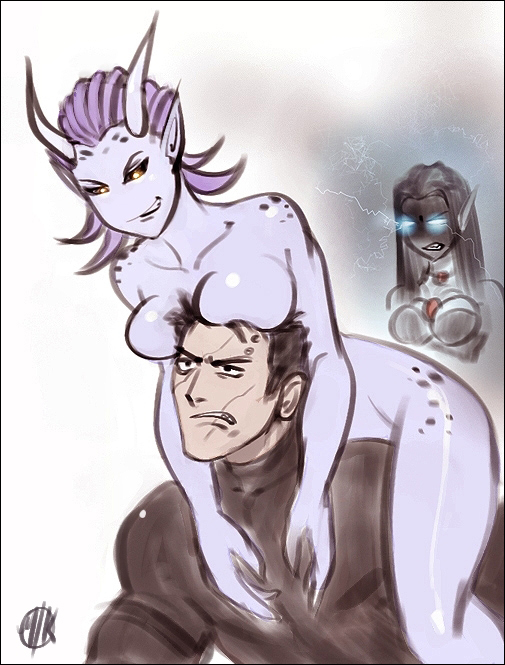 daemonette, eldar, farseer, slaanesh, taldeer, vindicare, love can bloom, warhammer 40k, 1boy, 2girls, breasts, glowing, multiple girls