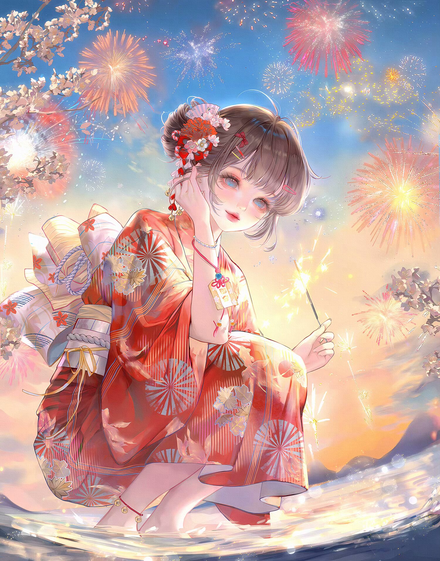 xixizi, original, highres, large variant set, variant set, 1girl, anklet, blue eyes, bracelet, brown hair, fireworks, floral print, flower, hair bun, hair flower, hair ornament, holding, japanese clothes, jewelry, kimono, looking at viewer, obi, outdoors, print kimono, red flower, red kimono, sash, short hair, single hair bun, sky, smile, solo, sparkler, squatting, water, wide sleeves
