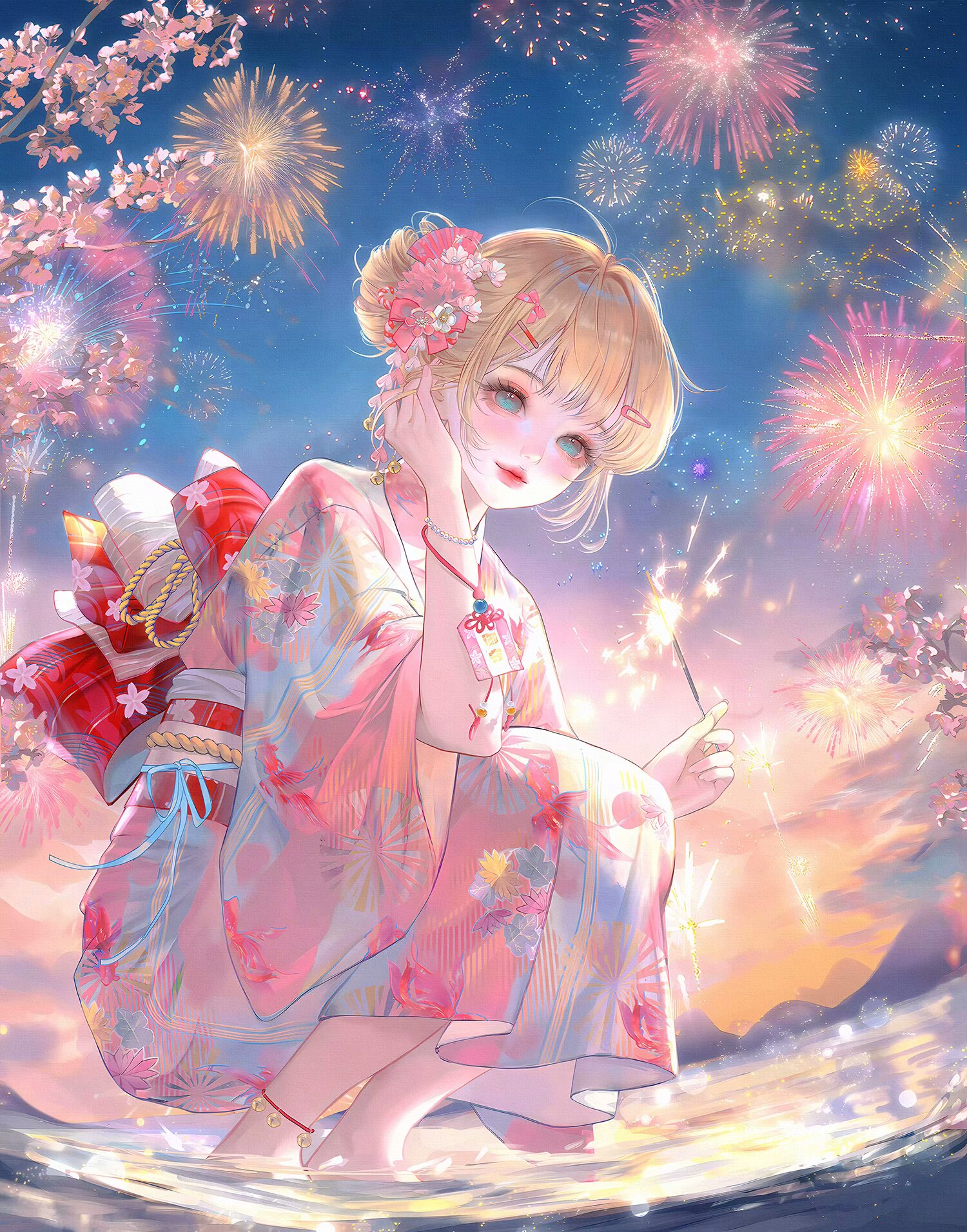 xixizi, original, highres, large variant set, variant set, 1girl, anklet, barefoot, blonde hair, blue eyes, bow, bracelet, cherry blossoms, fireworks, floral print, flower, full body, hair bun, hair flower, hair ornament, hairclip, holding, japanese clothes, jewelry, kimono, looking at viewer, makeup, night, obi, outdoors, pink flower, pink kimono, sash, short hair, sky, smile, solo, sparkler, squatting, water, wide sleeves, yukata