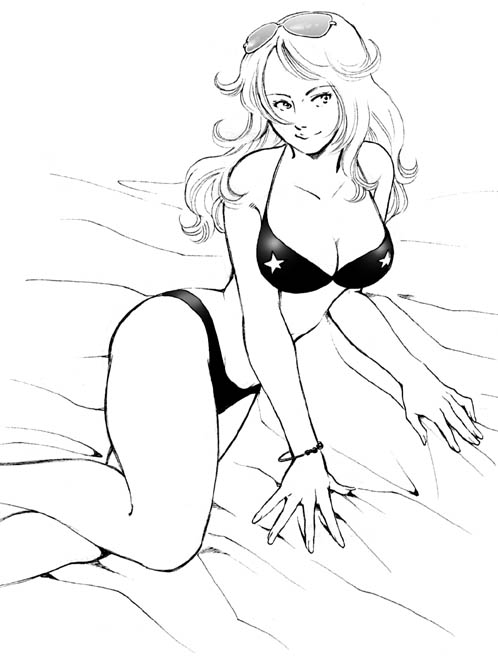 starr, elite beat agents, osu! tatakae! ouendan, 1girl, bikini, blonde hair, bracelet, breasts, female focus, greyscale, jewelry, monochrome, solo, sunglasses, swimsuit