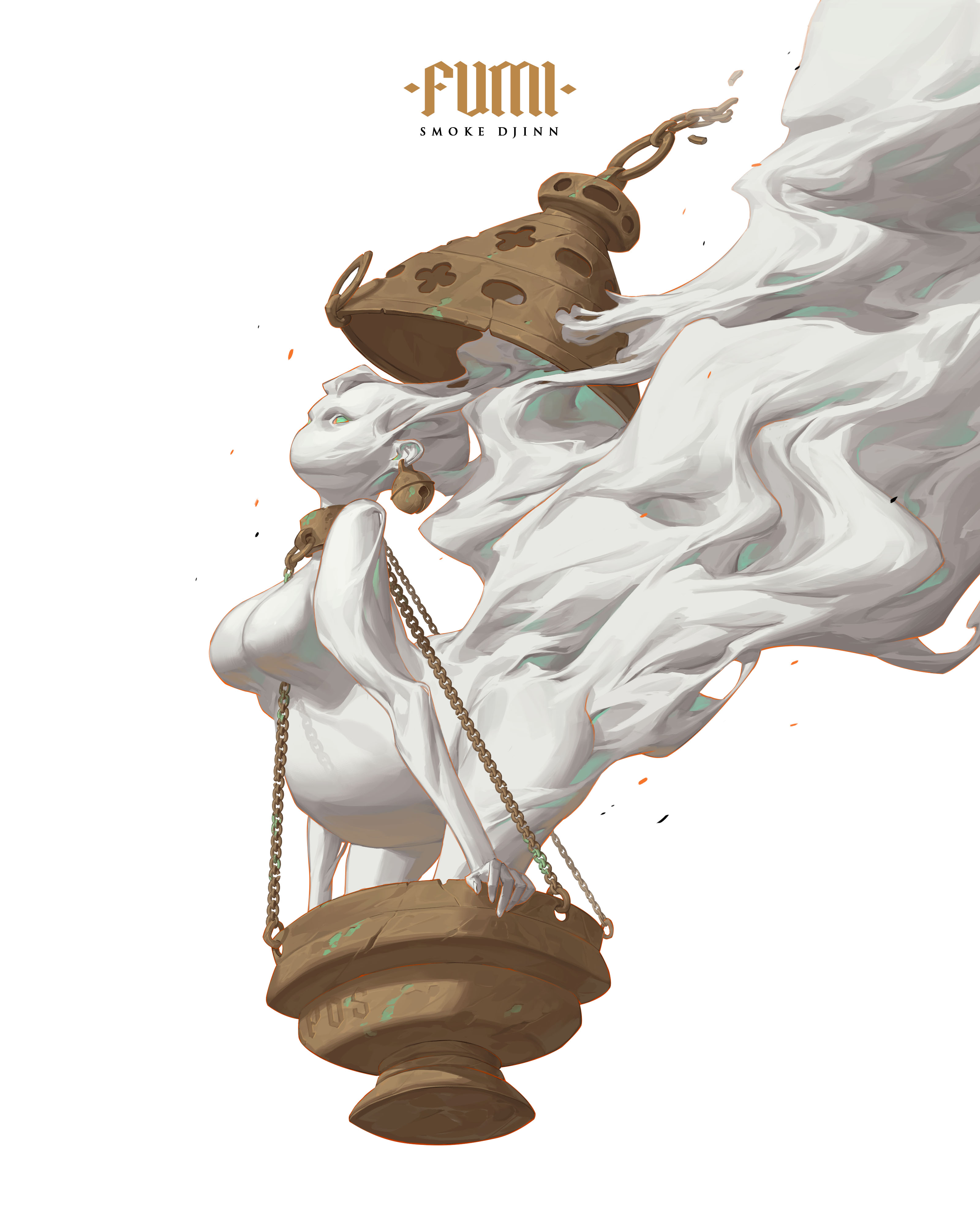 patrick ganas, original, absurdres, highres, 1girl, blue eyes, breasts, censer, chain, chained, character name, ear bell, elemental (creature), fat, large breasts, simple background, smoke, solo, white background
