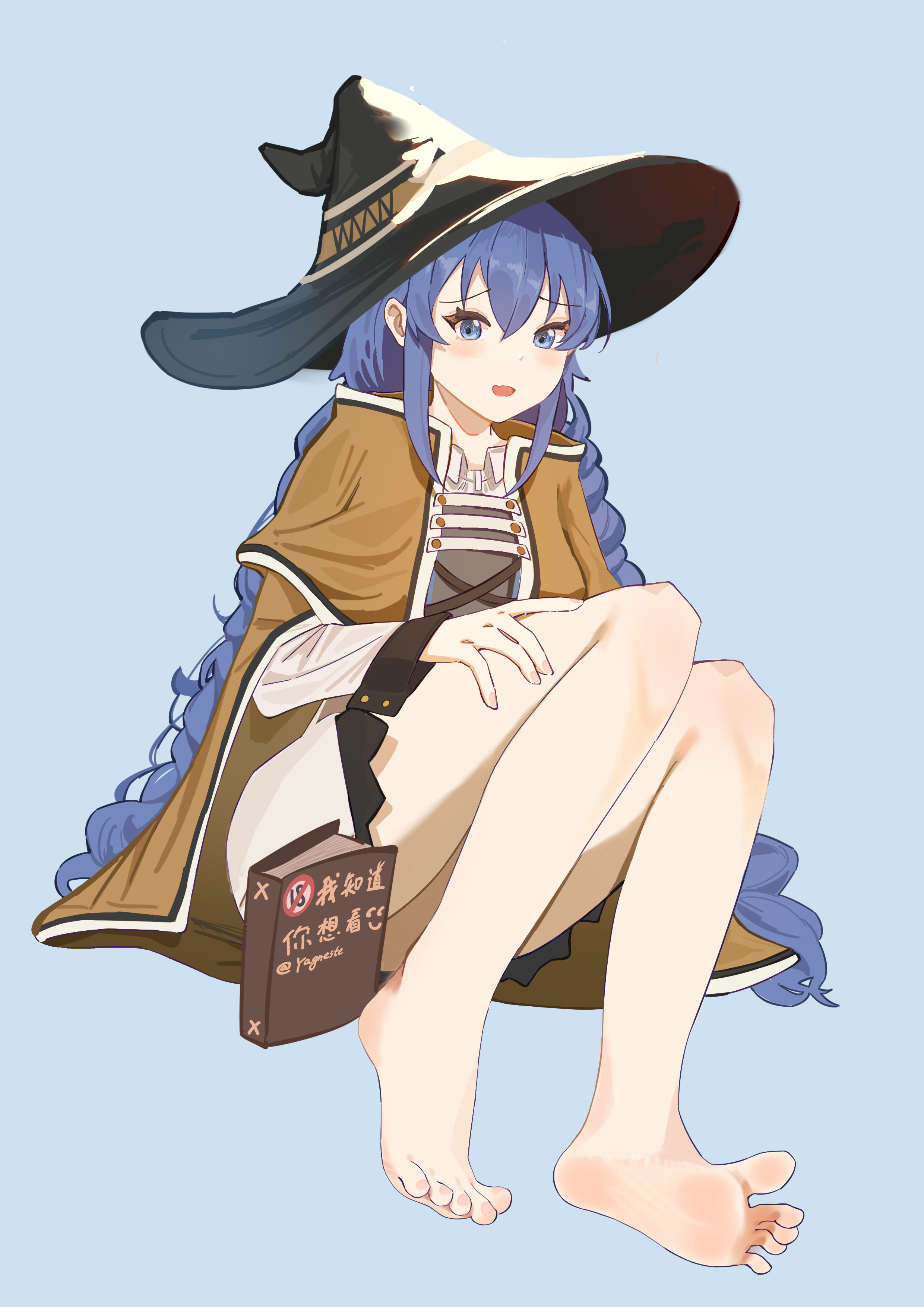 yagneste, roxy migurdia, mushoku tensei, absurdres, highres, 1girl, barefoot, blue eyes, blue hair, blush, feet, hat, long hair, looking at viewer, open mouth, soles, toes, witch hat