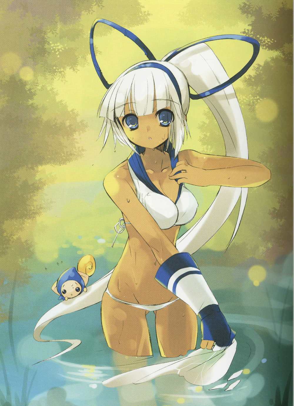 ito noizi, champuru, majikina mina, samurai spirits, snk, highres, 1girl, bikini, blue eyes, female focus, gloves, long hair, lowleg, lowleg bikini, lowleg panties, panties, ponytail, solo, swimsuit, underwear, very long hair, water, white hair