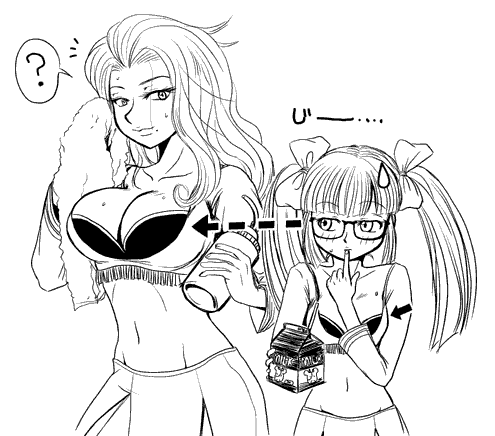 anna lindhurst, kanda aoi, elite beat agents, osu! tatakae! ouendan, lowres, 2girls, breast envy, breasts, cleavage, glasses, greyscale, large breasts, man gaze, medium breasts, milk, monochrome, multiple girls, ouendan