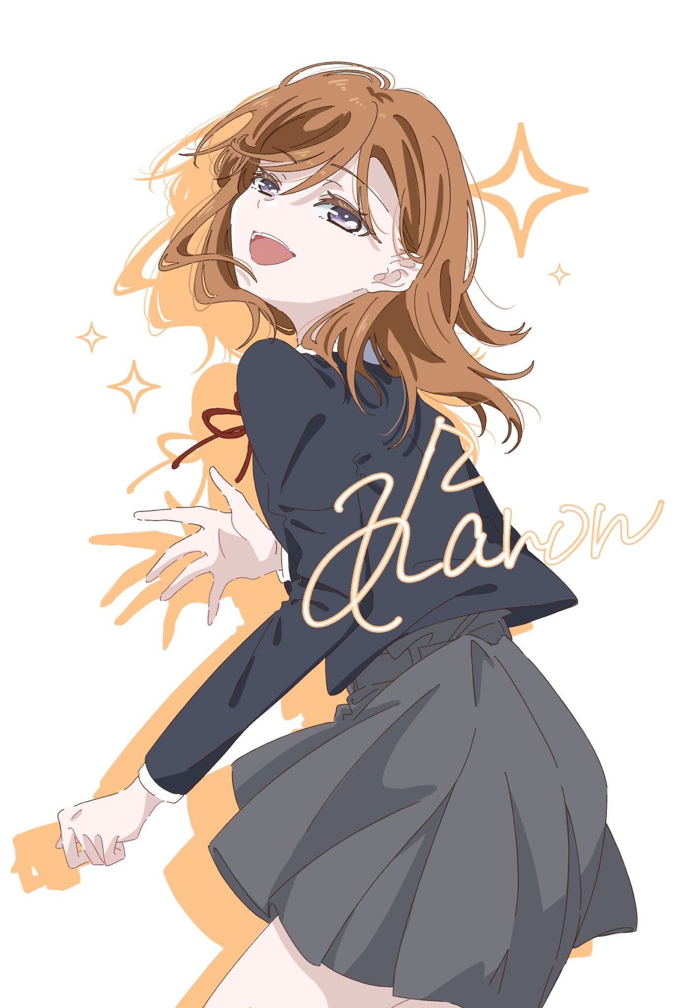 shibuya kanon, love live!, love live! superstar!!, commentary, highres, symbol-only commentary, 1girl, :d, black jacket, character name, clenched hand, cowboy shot, dress, drop shadow, from behind, grey dress, grey eyes, jacket, long sleeves, looking at viewer, neck ribbon, open hand, open mouth, orange hair, pleated dress, red ribbon, ribbon, short dress, simple background, smile, solo, sparkle, toto (ke ke99), white background