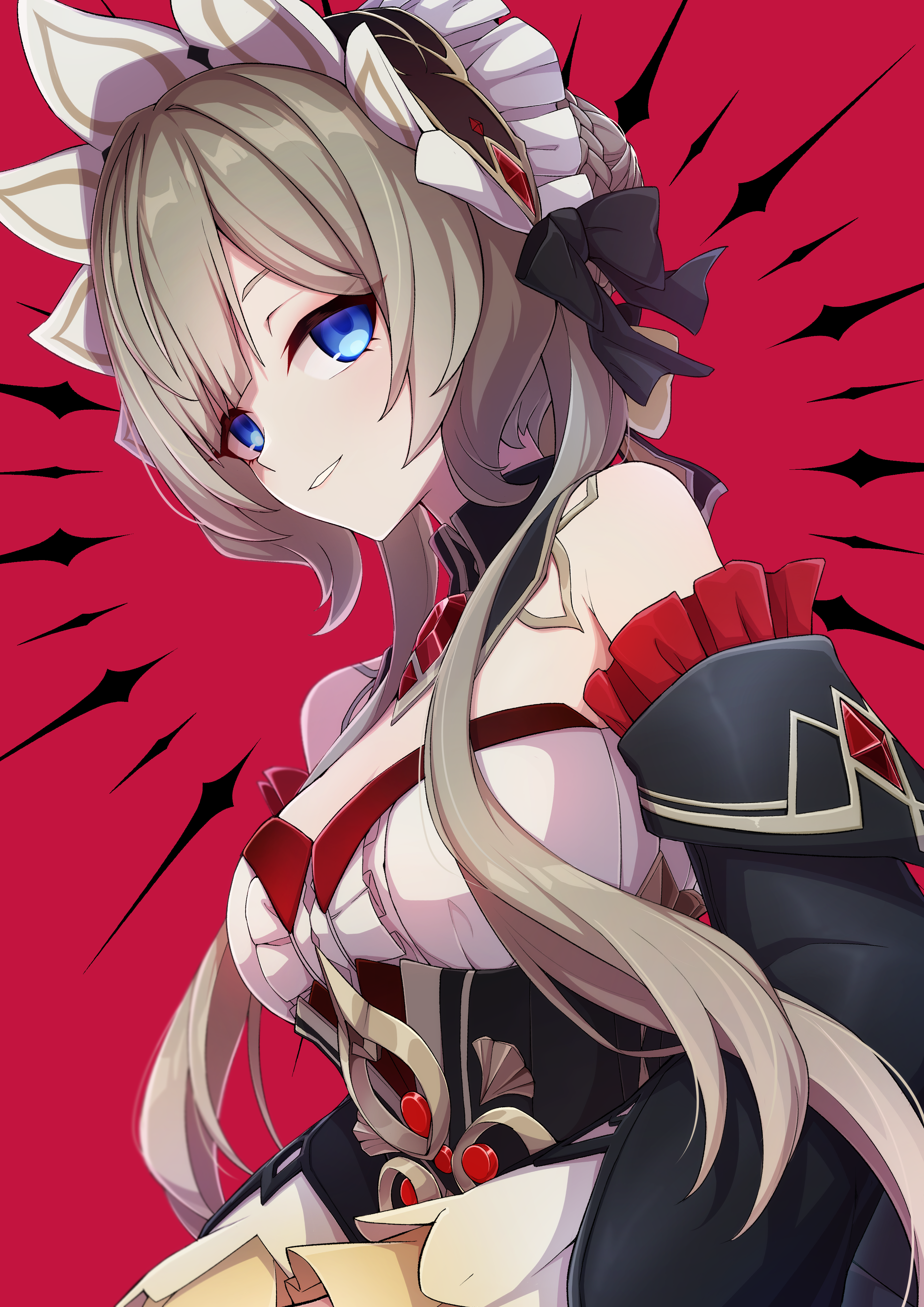 ruisuke, sandrone (genshin impact), genshin impact, absurdres, commentary request, highres, revision, 1girl, black sleeves, blue eyes, breasts, brown hair, cleavage, detached sleeves, long hair, looking at viewer, medium breasts, red background, sidelocks, simple background, smile, solo, upper body
