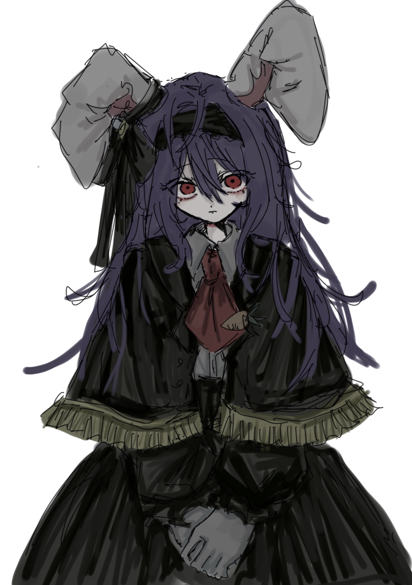 narurichan, reisen udongein inaba, touhou, highres, 1girl, alternate costume, animal ears, ascot, black coat, black hairband, black ribbon, black skirt, bow, coat, ear ribbon, hairband, purple hair, rabbit ears, rabbit girl, red ascot, red eyes, ribbon, shirt, skirt, white background, white shirt