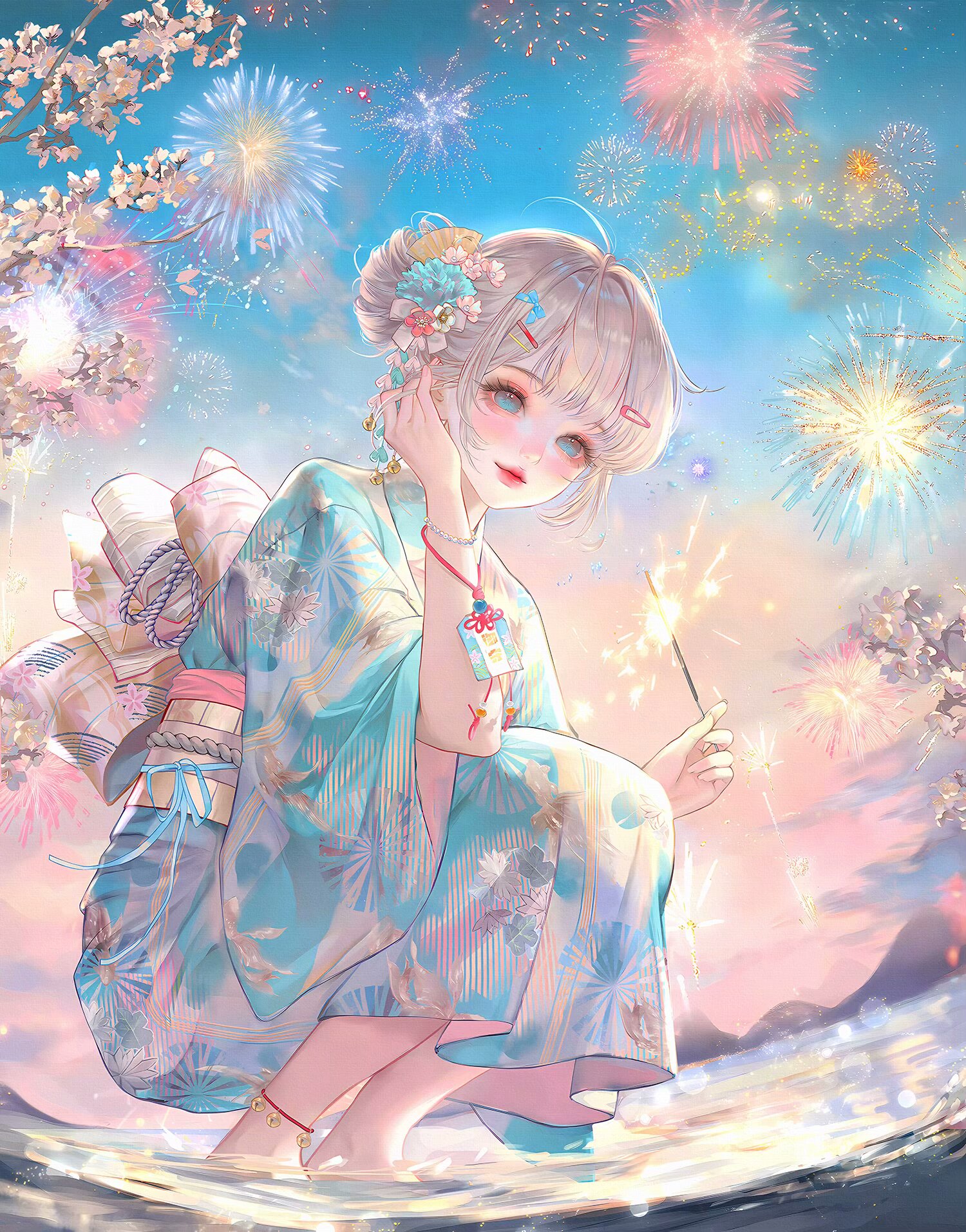 xixizi, original, highres, large variant set, variant set, 1girl, ahoge, anklet, barefoot, blue eyes, blue kimono, blush, bracelet, fireworks, floral print, flower, hair bun, hair flower, hair ornament, hairclip, holding, japanese clothes, jewelry, kimono, looking at viewer, makeup, obi, outdoors, print kimono, sash, short hair, sky, smile, solo, sparkler, squatting, water, wide sleeves