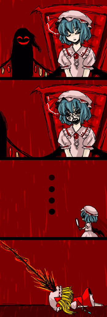 2118, flandre scarlet, remilia scarlet, touhou, 4koma, bat wings, blonde hair, blue hair, comic, female focus, silent comic, spear the gungnir, wings