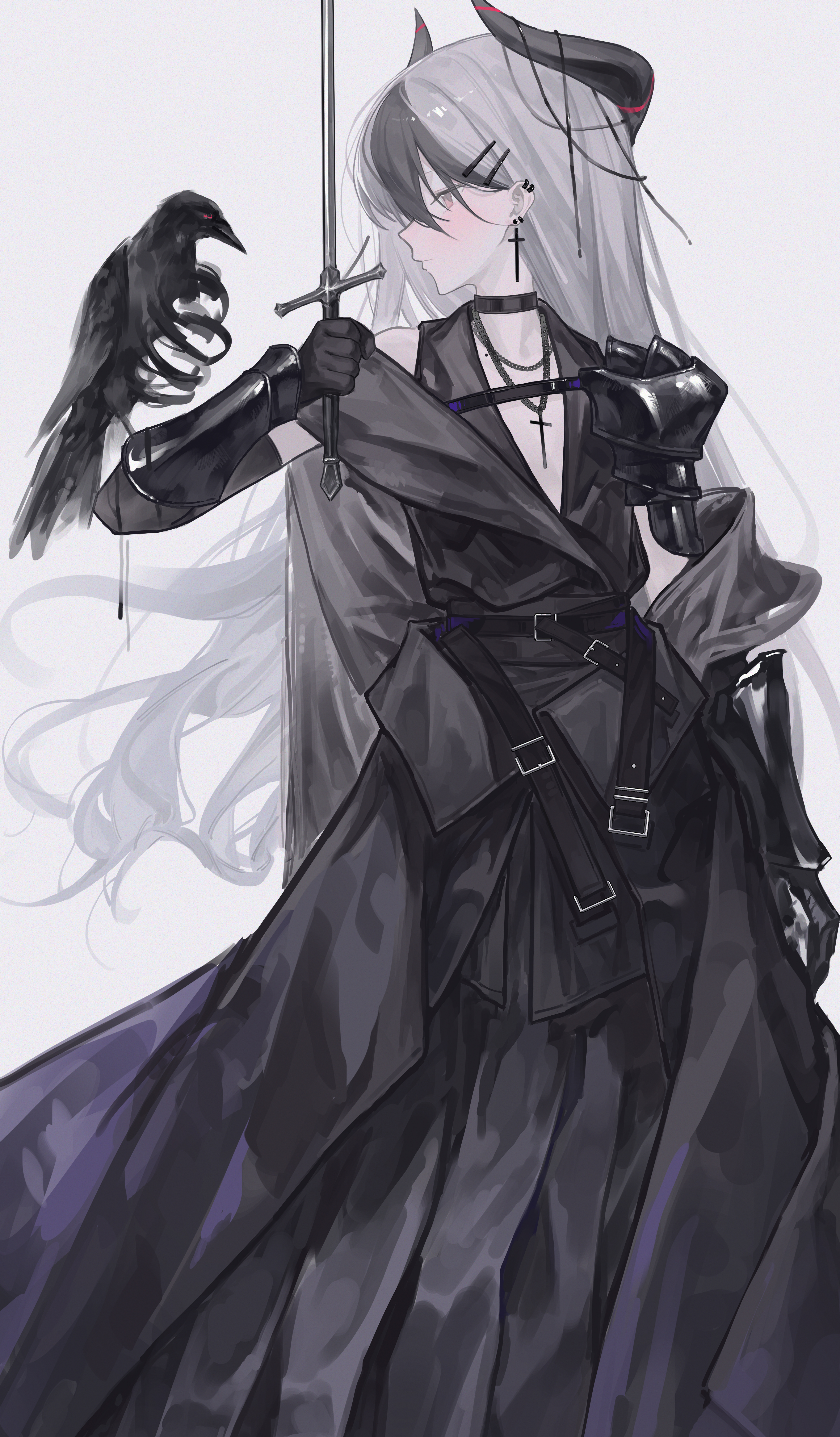 yaoyao (yoyo27456335489), kayoko (blue archive), blue archive, absurdres, highres, 1girl, animal on arm, belt, bird, bird on arm, black bird, black choker, black dress, black hair, black horns, choker, cross, cross earrings, cross necklace, crow, demon horns, dress, earrings, hair between eyes, halo, holding, holding sword, holding weapon, horns, jewelry, long dress, long hair, long sleeves, multicolored hair, necklace, red eyes, sword, two-tone hair, weapon, white hair