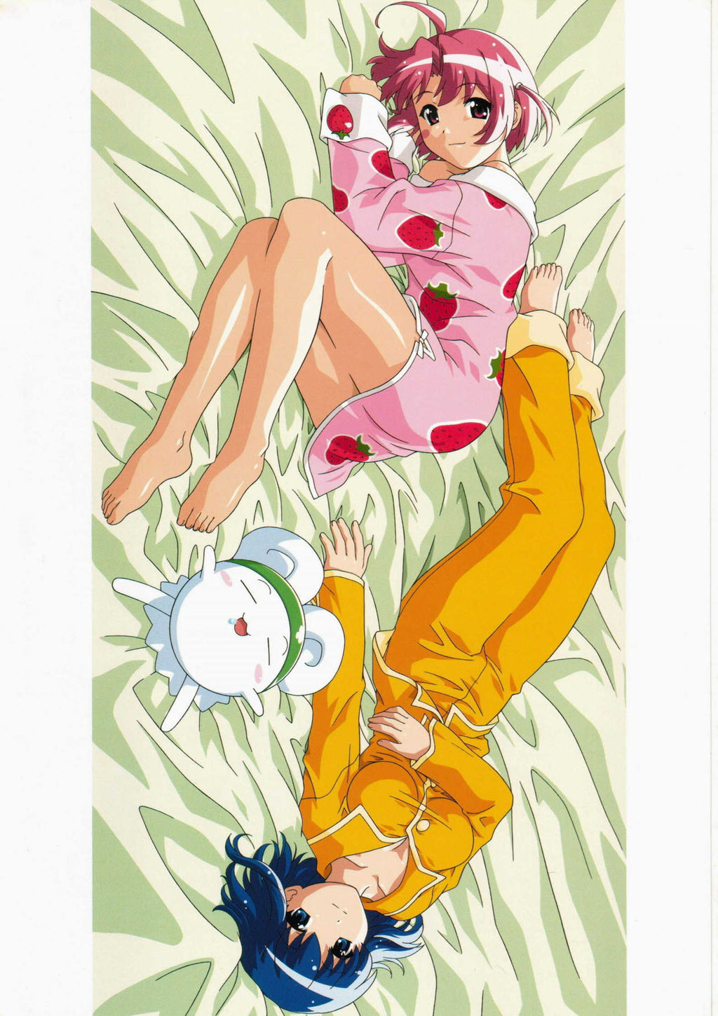 kokubunji koyori, mugimaru, nakahara komugi, nurse witch komugi-chan, highres, scan, 00s, 2girls, bed, blue hair, feet, multiple girls, pajamas, red hair, short hair