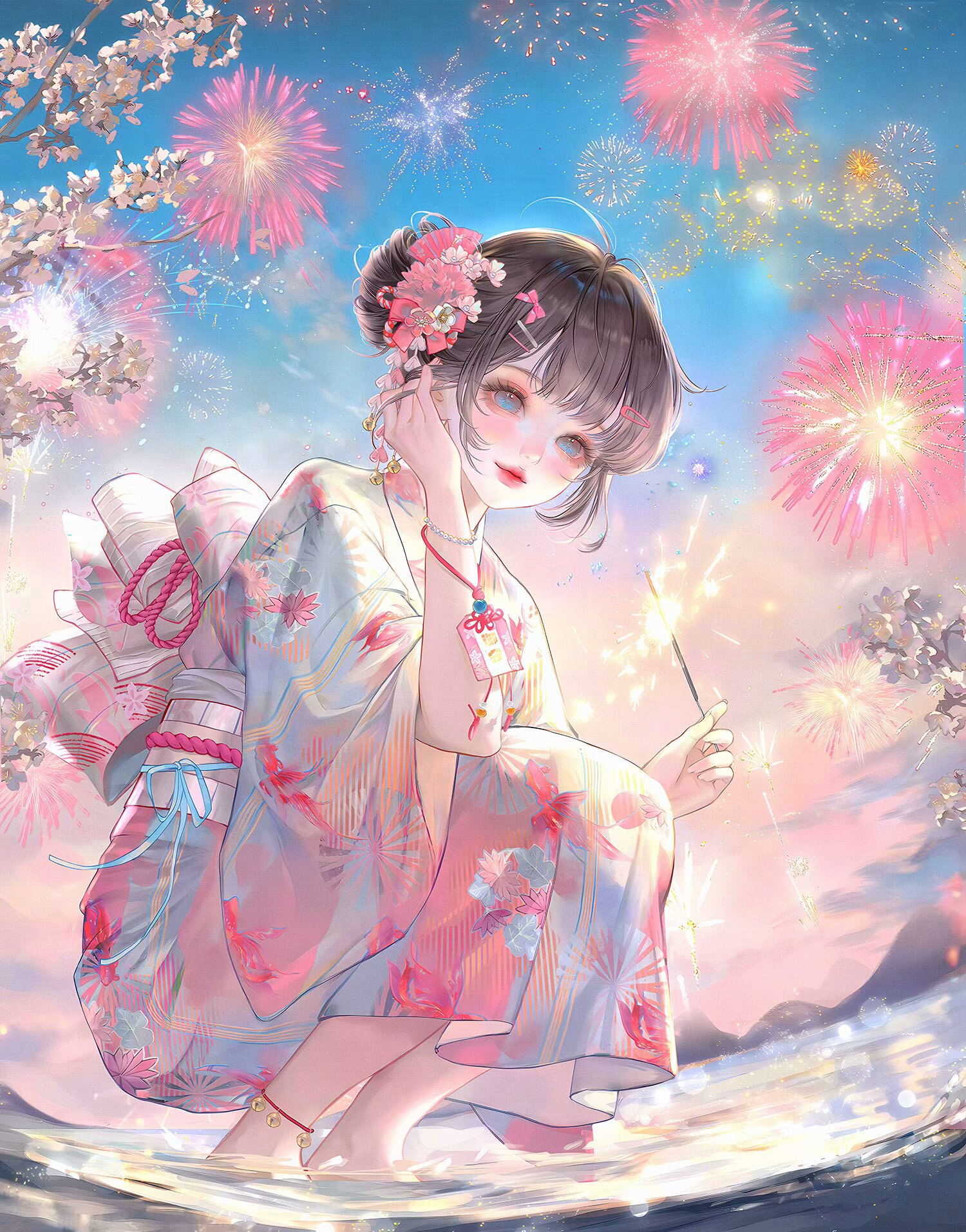 xixizi, original, highres, large variant set, variant set, 1girl, animal print, anklet, barefoot, blue eyes, bracelet, brown hair, cherry blossoms, closed mouth, fireworks, floral print, flower, full body, hair bun, hair flower, hair ornament, holding, japanese clothes, jewelry, kimono, looking at viewer, makeup, obi, outdoors, pink flower, print kimono, sash, short hair, single hair bun, sky, smile, solo, sparkler, squatting, water, white kimono, wide sleeves