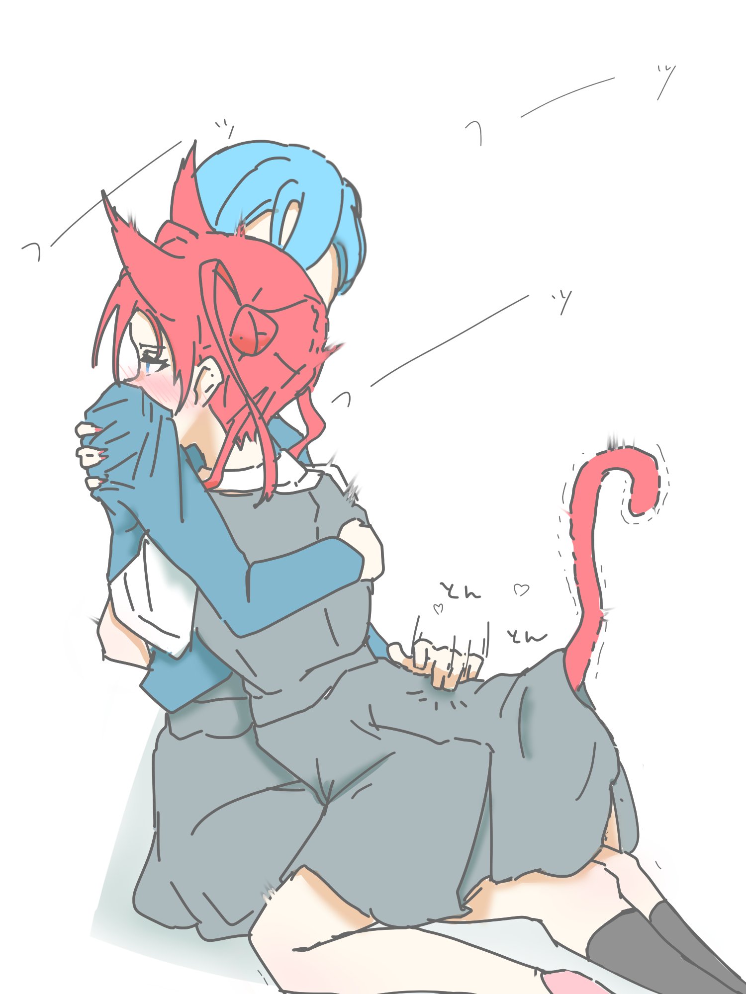 necosaghi, wakana shiki, yoneme mei, love live!, love live! superstar!!, commentary request, highres, 2girls, animal ears, blue eyes, blue hair, blush, cat ears, cat girl, cat tail, collared shirt, dress, grey dress, hair bun, heart, hug, multiple girls, mutual hug, nose blush, patting back, pinafore dress, red hair, sailor dress, school uniform, shirt, short hair, short hair with long locks, single side bun, sitting, sitting on lap, sitting on person, sleeveless, sleeveless dress, tail, white shirt, yuigaoka school uniform, yuri