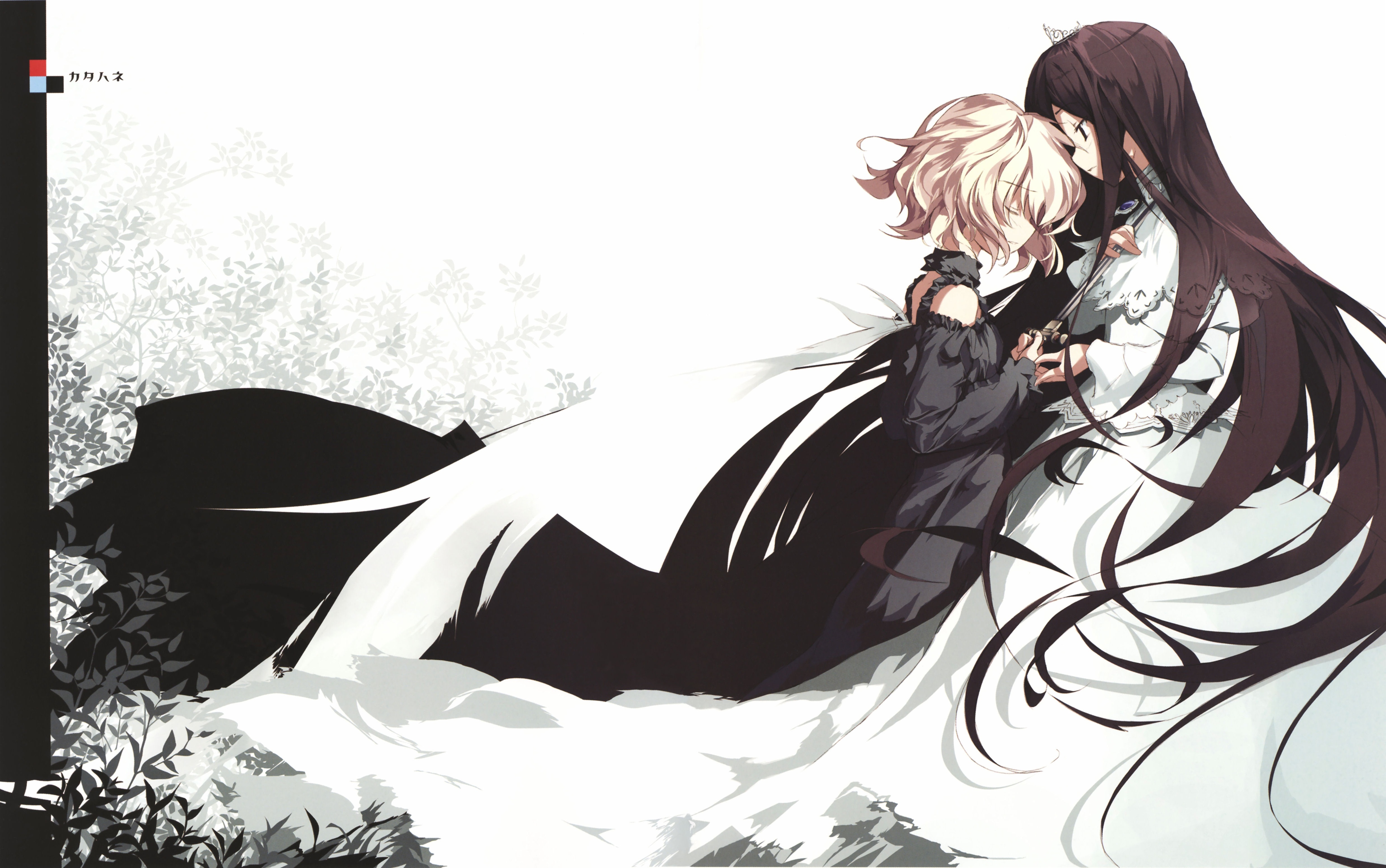 fue (tsuzuku), belle (katahane), christina dorn, efa, katahane, absurdres, highres, 2girls, bare shoulders, blonde hair, brown eyes, brown hair, closed eyes, dress, hair ornament, long hair, multiple girls, short hair, sword, weapon, wings