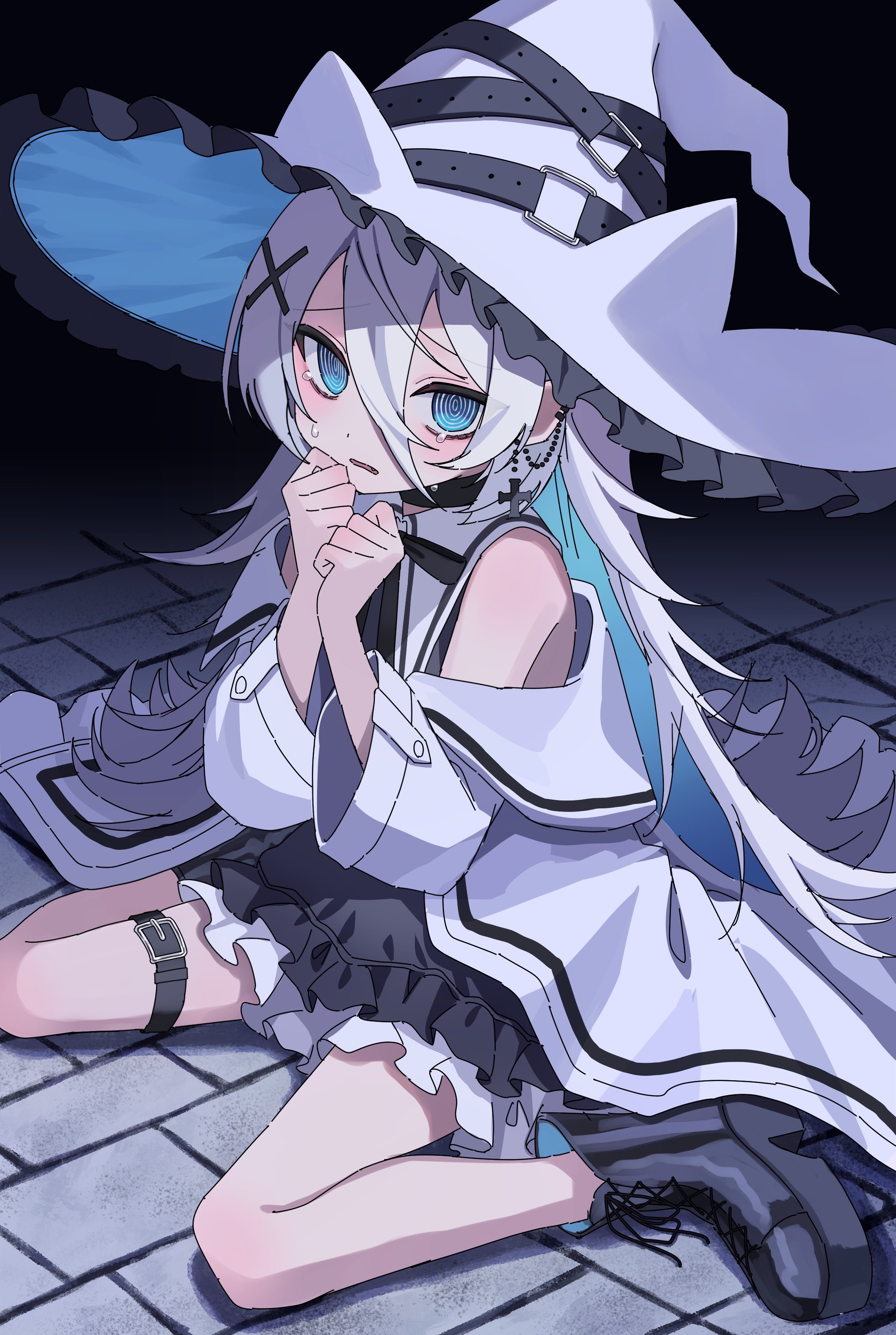 squallea, original, absurdres, highres, 1girl, @ @, animal ear headwear, black boots, black skirt, blue eyes, boots, fake animal ears, hair between eyes, hat, jacket, long hair, long hair between eyes, looking at viewer, sitting, skirt, solo, thigh strap, thighs, wariza, white hair, white hat, white jacket, witch, witch hat