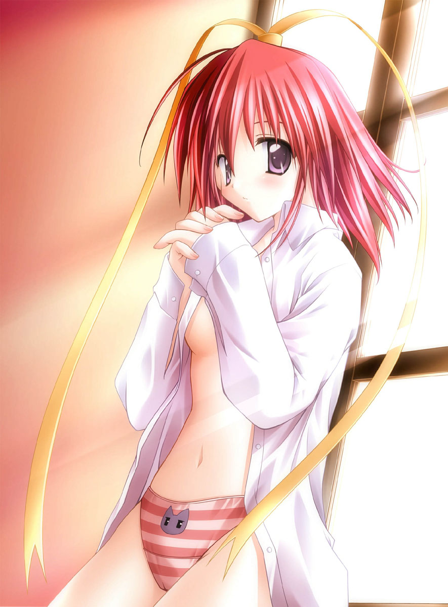 amane soh, sayorana etranger, highres, 1girl, animal print, cat panties, cat print, cat print panties, female focus, open clothes, open shirt, panties, print panties, purple eyes, red hair, shirt, solo, striped clothes, striped panties, underwear, window