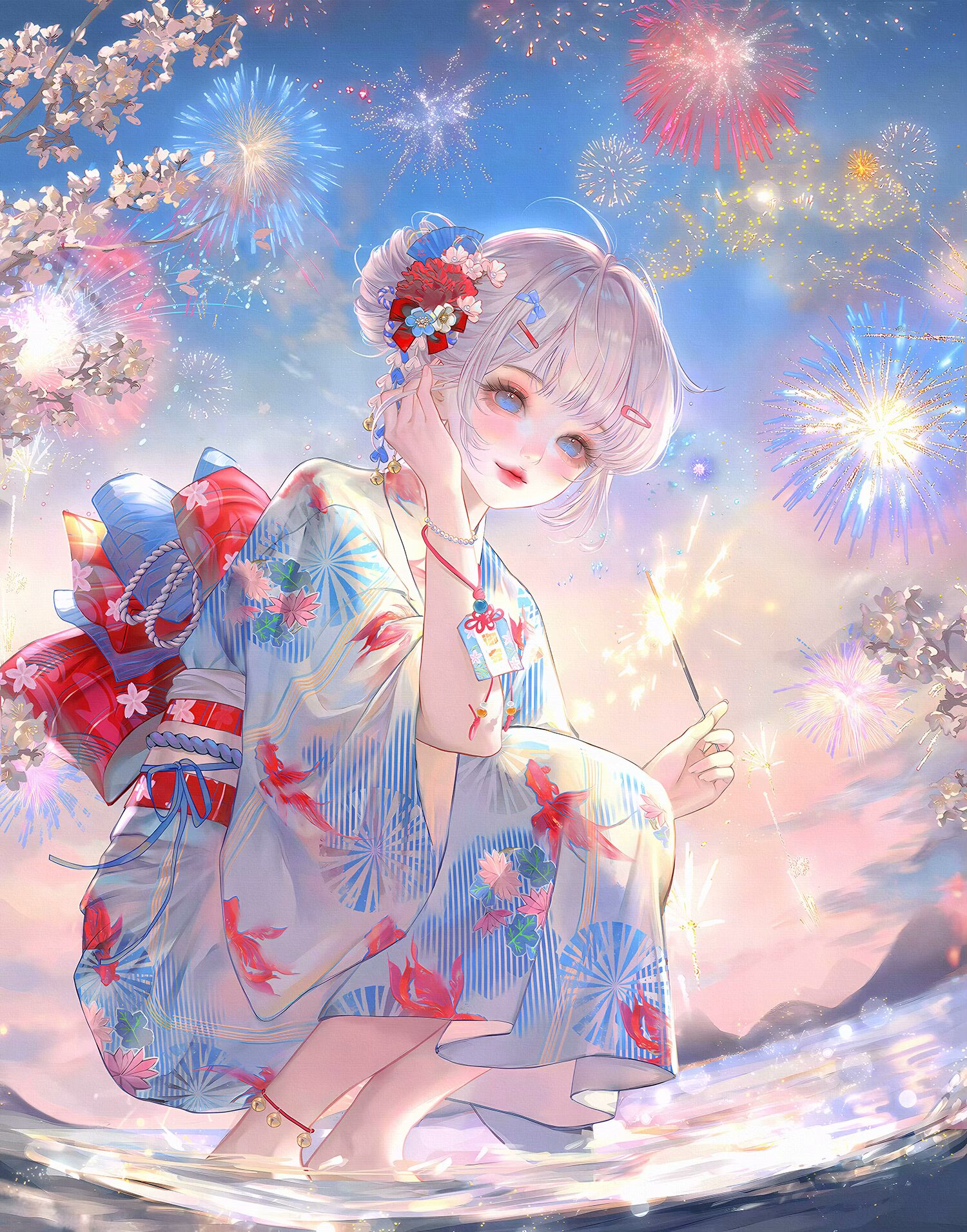 xixizi, original, highres, large variant set, variant set, 1girl, ahoge, animal print, anklet, barefoot, blue eyes, blue kimono, blush, bow, bracelet, fireworks, fish print, floral print, flower, full body, hair bun, hair flower, hair ornament, hairclip, holding, japanese clothes, jewelry, kimono, looking at viewer, makeup, obi, outdoors, print kimono, red flower, red lips, sash, short hair, sky, smile, solo, sparkler, squatting, water, white hair, wide sleeves, yukata
