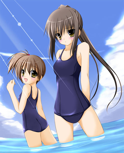 tomosuke, kyon no imouto, kyonko, suzumiya haruhi no yuuutsu, 00s, 2girls, beach, blush, frown, genderswap, genderswap (mtf), multiple girls, one-piece swimsuit, ponytail, school swimsuit, siblings, sisters, swimsuit