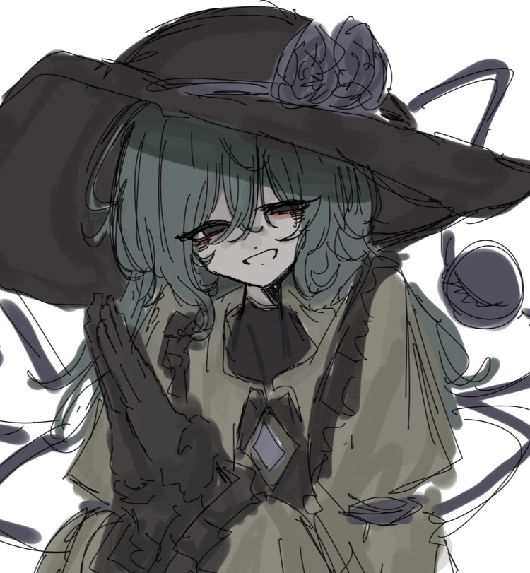 narurichan, komeiji koishi, touhou, 1girl, black gloves, black hat, buttons, diamond button, eyeball, flower, frilled shirt collar, frilled sleeves, frills, gloves, green eyes, green hair, hat, hat ribbon, juliet sleeves, long sleeves, own hands together, puffy sleeves, purple flower, purple ribbon, purple rose, ribbon, rose, shirt, smile, third eye, white background, wide sleeves, yellow shirt