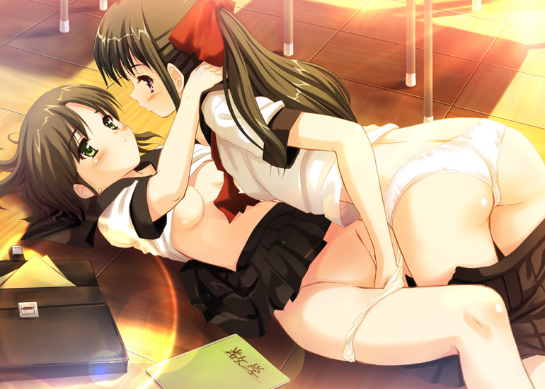 tougarashi hideyu, 2girls, ass, bag, blush, book, bow, breasts, brown hair, classroom, fingering, green eyes, hair bow, hand in panties, lens flare, long hair, lying, medium breasts, multiple girls, no bra, on back, panties, pleated skirt, ribbon, school, school bag, school uniform, serafuku, short hair, skirt, small breasts, underwear, white panties, yuri