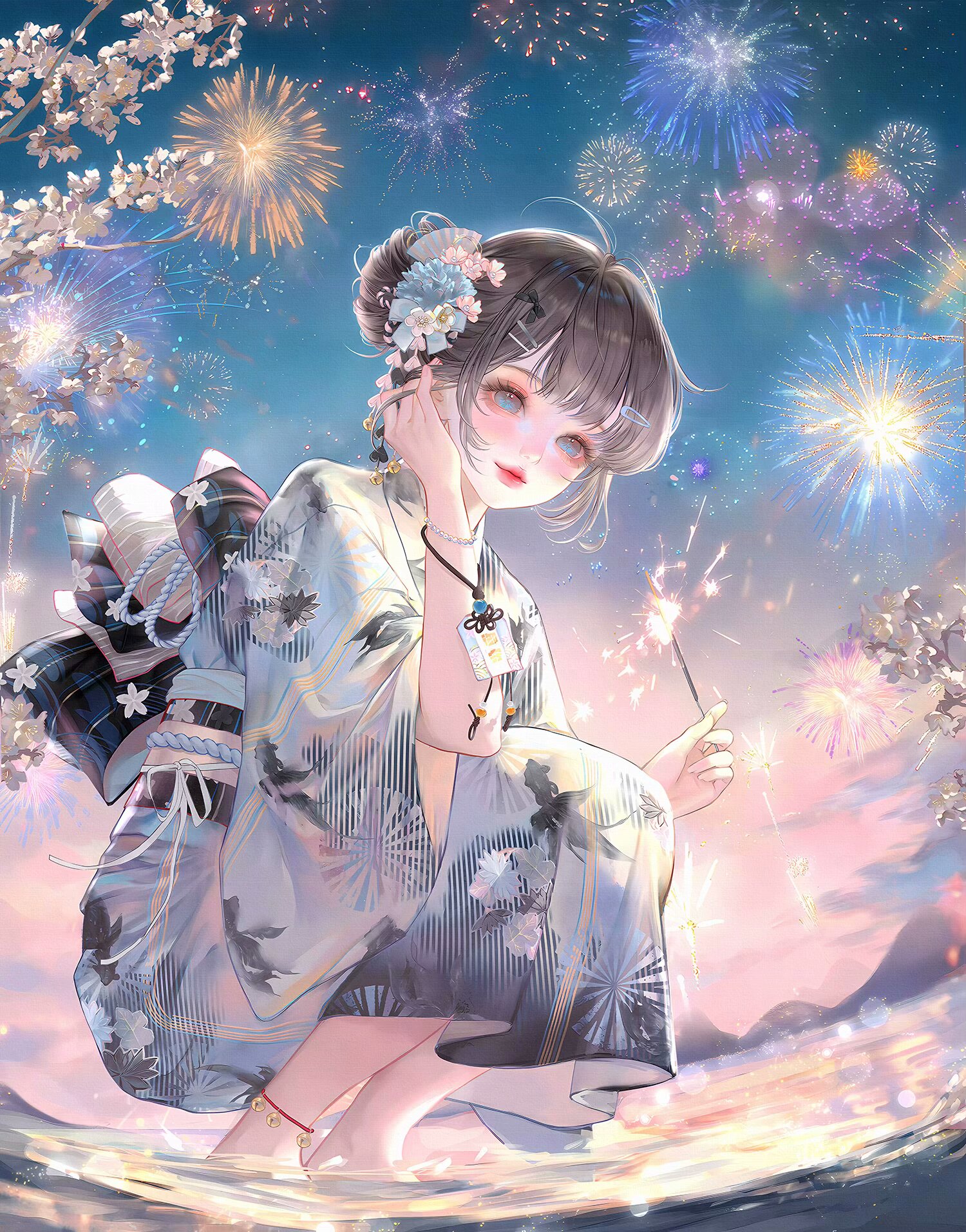 xixizi, original, highres, large variant set, variant set, 1girl, animal print, anklet, barefoot, blue eyes, blush, bracelet, brown hair, closed mouth, fireworks, flower, hair bun, hair flower, hair ornament, hairclip, holding, japanese clothes, jewelry, kimono, lips, looking at viewer, makeup, night, obi, outdoors, sash, short hair, single hair bun, sky, smile, solo, sparkler, squatting, water, white kimono, wide sleeves, yukata