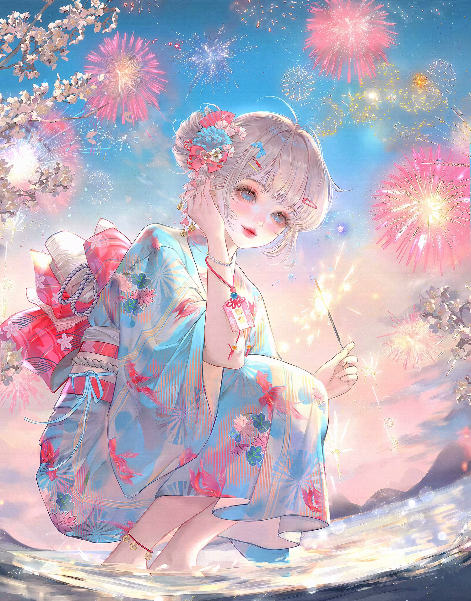 xixizi, original, highres, large variant set, variant set, 1girl, ahoge, animal print, anklet, barefoot, blue eyes, blue kimono, blush, bow, bracelet, fireworks, fish print, floral print, flower, hair bun, hair flower, hair ornament, hairclip, holding, japanese clothes, jewelry, kimono, looking at viewer, makeup, obi, outdoors, print kimono, sash, short hair, sky, smile, solo, sparkler, squatting, water, wide sleeves, yukata