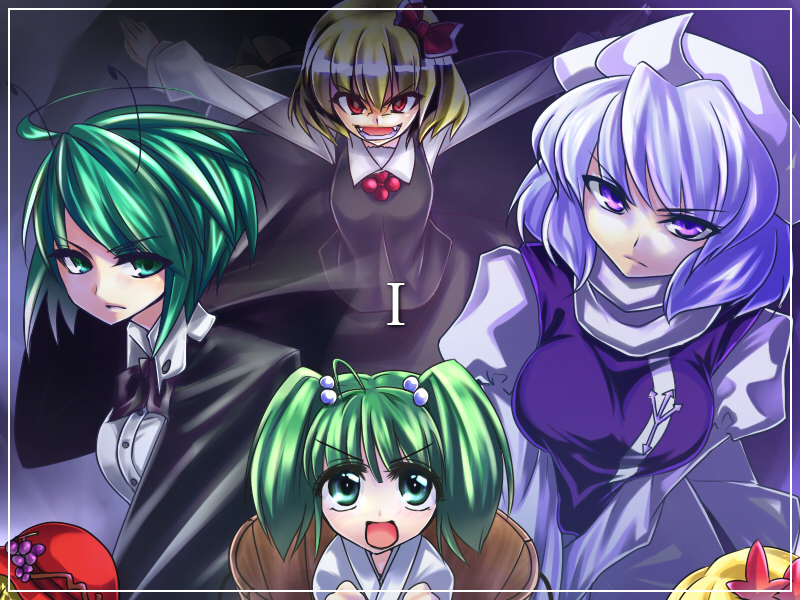 mizu akane, sushikuugo (suisen), aki minoriko, aki shizuha, kisume, kurodani yamame, letty whiterock, rumia, wriggle nightbug, touhou, bad id, bad pixiv id, 4girls, 6+girls, antennae, blonde hair, breasts, bucket, female focus, gradient background, green hair, hat, in bucket, in container, multiple girls, red eyes, ribbon, short hair, skirt, team 9 (touhou), white hair