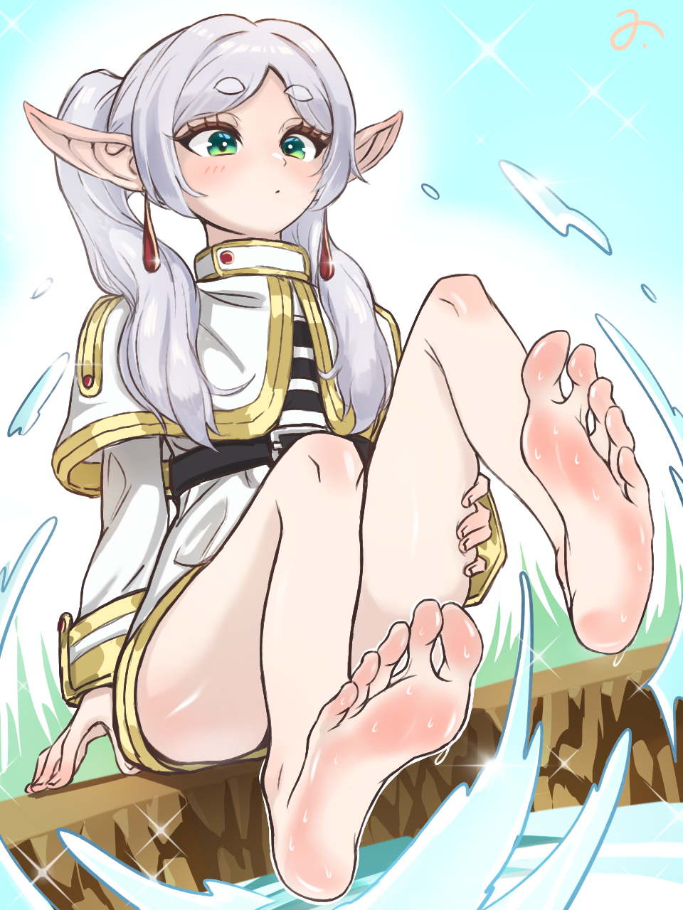 a., frieren, sousou no frieren, highres, 1girl, barefoot, blush, feet, green eyes, grey hair, long hair, pointy ears, soles, splashing, toes, twintails
