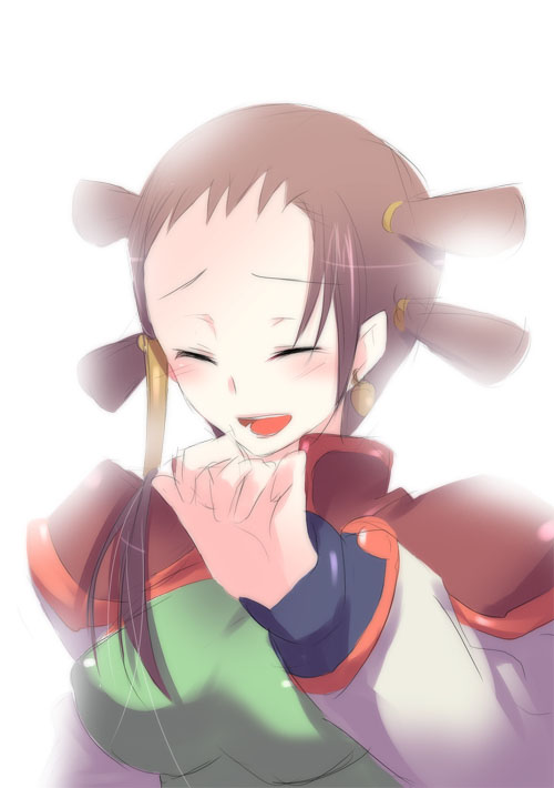 kurohara yuu, zhou xianglin, code geass, bad id, bad pixiv id, 00s, blush, brown hair, closed eyes, happy, kurobaru, laughing, long hair, solo