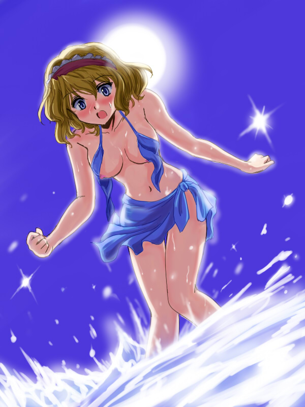flx, alice margatroid, touhou, untied, 1girl, beach, bikini, bikini skirt, blonde hair, blue eyes, blush, breasts, day, embarrassed, female focus, front-tie top, hairband, large breasts, navel, nervous, nipples, open mouth, sarong, short hair, shy, solo, sun, surprised, swimsuit, wardrobe malfunction, water