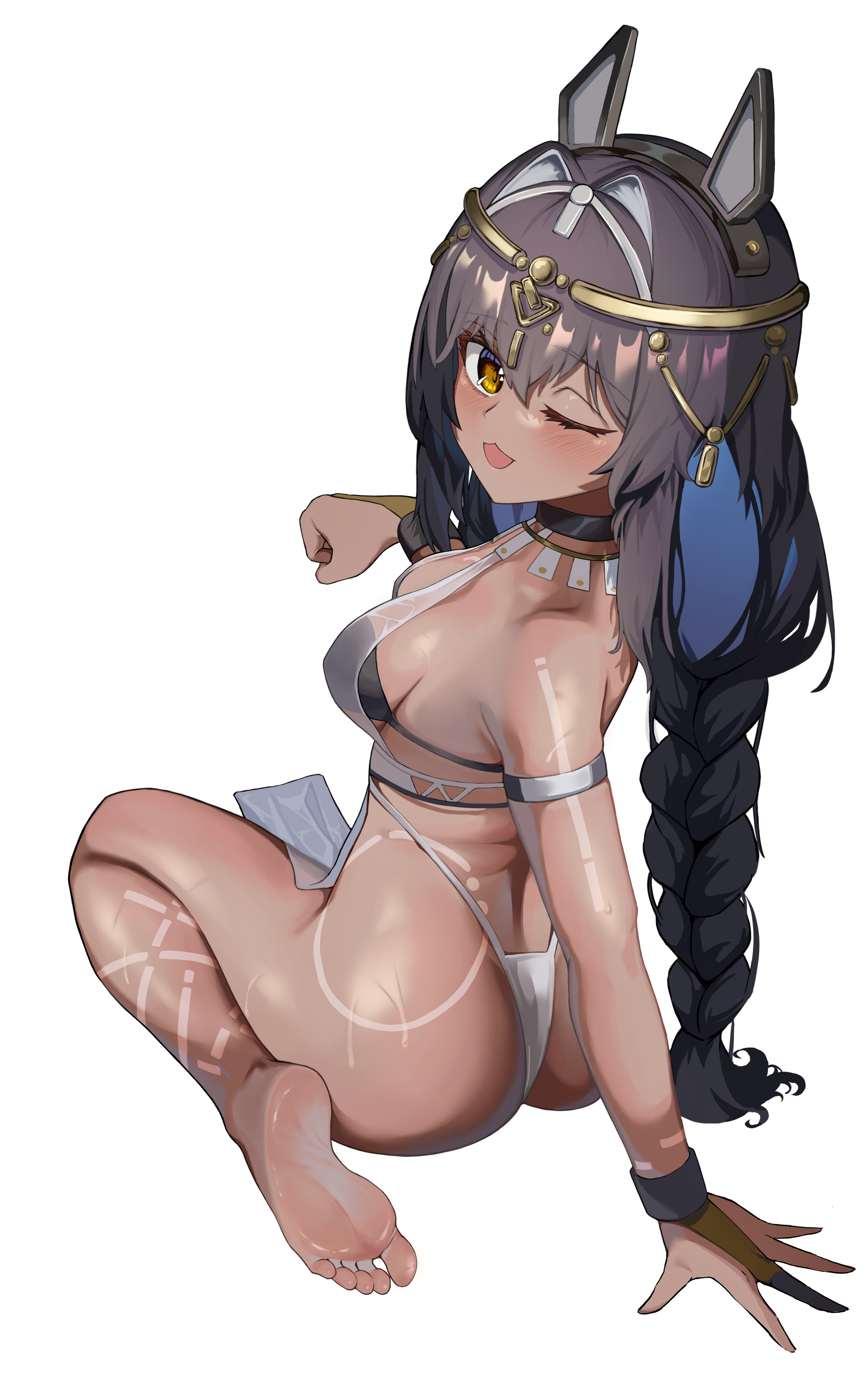 yi lucid, mauxir (snowbreak), snowbreak: containment zone, absurdres, highres, 1girl, arm tattoo, bare legs, bare shoulders, barefoot, black hair, breasts, dark skin, feet, leg tattoo, long hair, looking at viewer, looking back, one eye closed, ponytail, sideboob, soles, tan, tattoo, yellow eyes