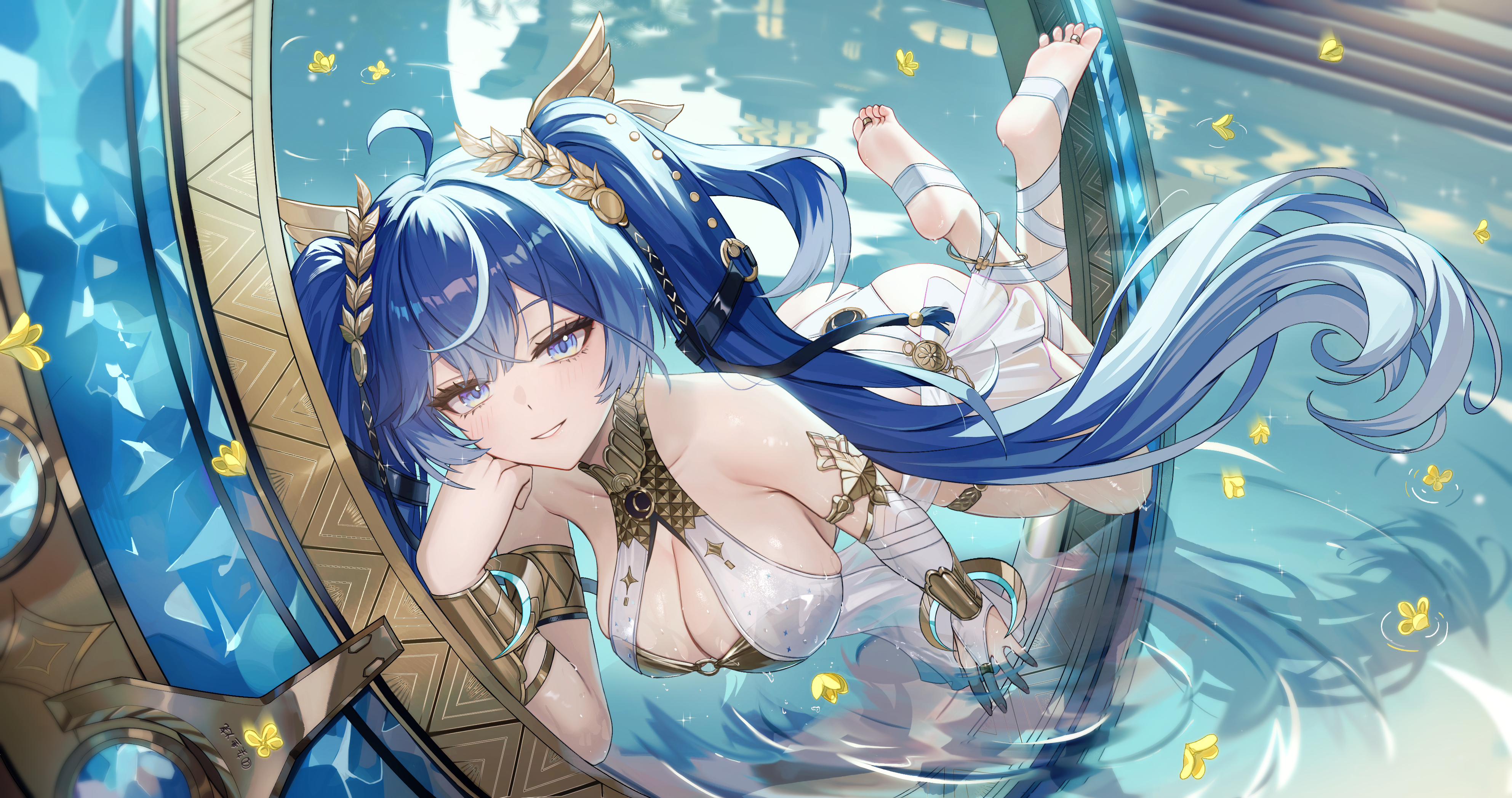 zayur, iuno (wuthering waves), wuthering waves, absurdres, highres, revision, 1girl, barefoot, blue eyes, blue hair, feet, long hair, looking at viewer, parted lips, soles, toes, twintails