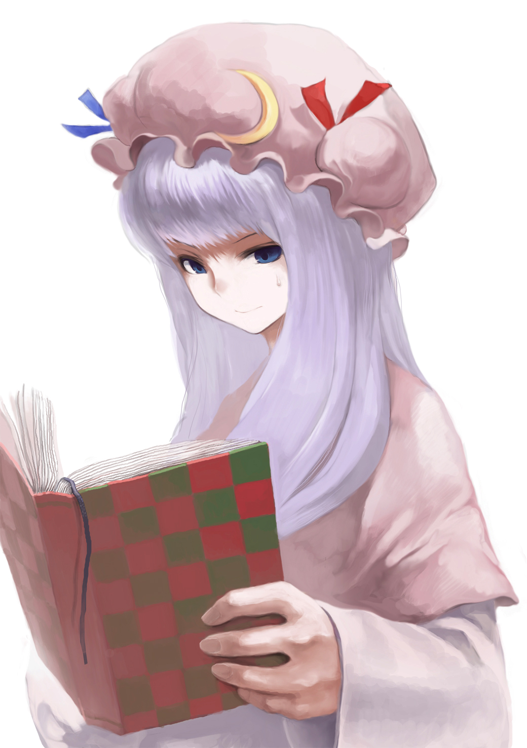 ibn, sbn (pixiv), patchouli knowledge, touhou, bad id, bad pixiv id, highres, photoshop (medium), 1girl, book, crescent hat ornament, female focus, hat, hat ornament, long hair, purple hair, ribbon, solo