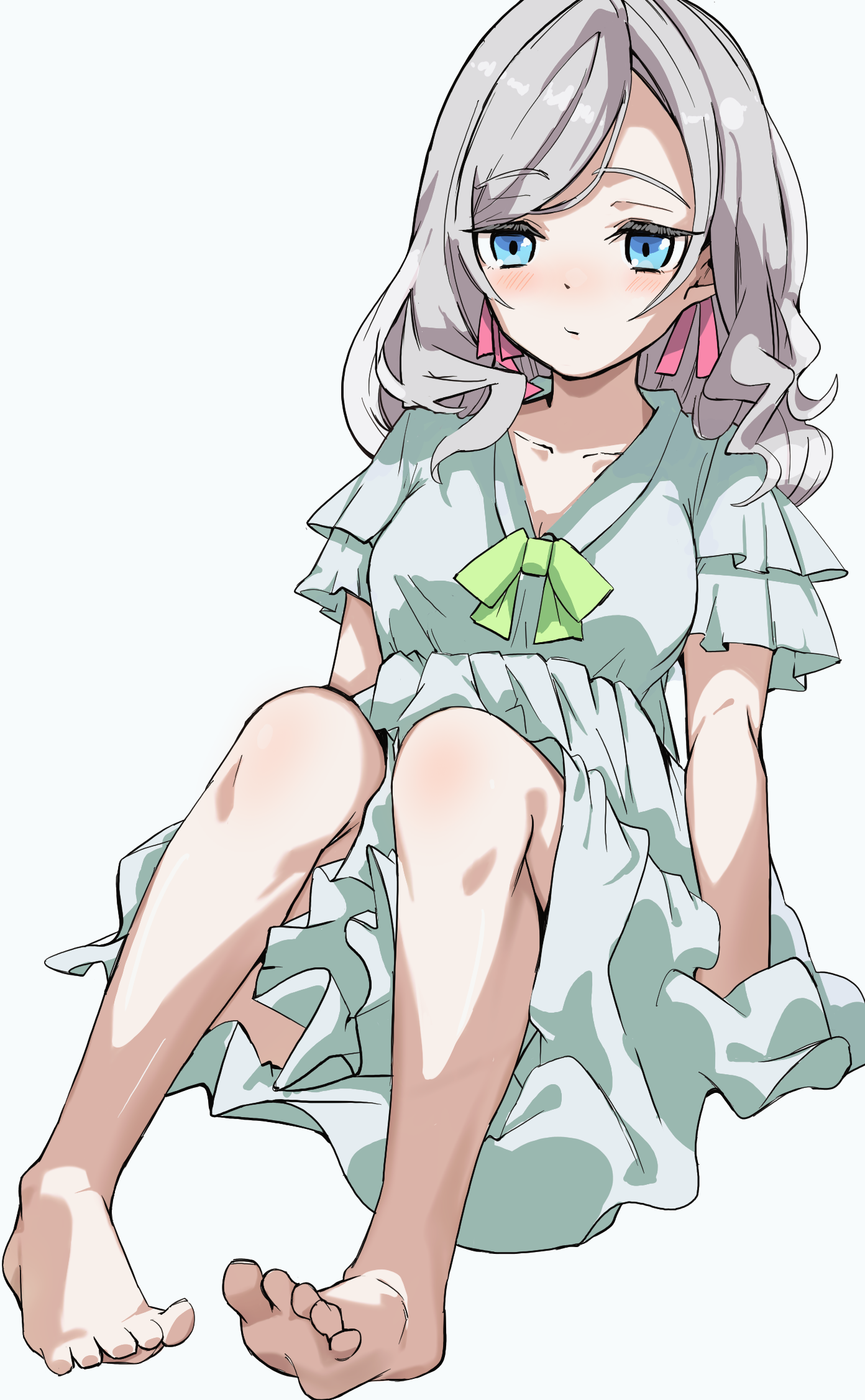 llb, ceras yanagida lilienfeld, ceras yanagida lilienfeld (izayoi selene casual), link! like! love live!, love live!, commentary request, highres, 1girl, barefoot, blue eyes, blush, breasts, cleavage, closed mouth, collarbone, dress, frilled dress, frilled sleeves, frills, grey hair, hair ribbon, long hair, medium breasts, medium dress, nose blush, official alternate costume, pink ribbon, ribbon, short sleeves, simple background, sitting, solo, toes, virtual youtuber, wavy hair, white background, white dress