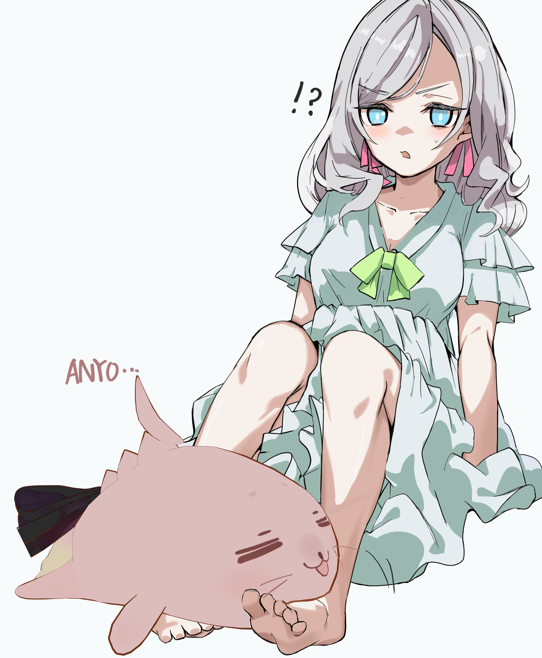 llb, anyoji hime, ceras yanagida lilienfeld, ceras yanagida lilienfeld (izayoi selene casual), link! like! love live!, love live!, commentary request, highres, 1girl, = =, animal on foot, animalization, barefoot, blue eyes, blush, breasts, cleavage, closed eyes, collarbone, dress, frilled dress, frilled sleeves, frills, grey hair, hair ribbon, long hair, medium breasts, medium dress, nose blush, official alternate costume, open mouth, pink ribbon, ribbon, seal (animal), short sleeves, simple background, sitting, toes, virtual youtuber, wavy hair, white background, white dress