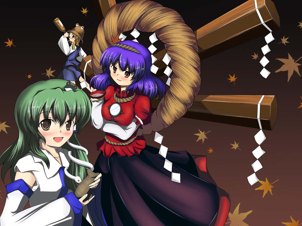 tsukimiya kyousuke, kochiya sanae, moriya suwako, yasaka kanako, touhou, 3girls, blonde hair, breasts, drunk, female focus, gradient background, green hair, hat, japanese clothes, leaf, long hair, miko, multiple girls, onbashira, purple hair, ribbon, rope, shide, shimenawa, short hair, skirt