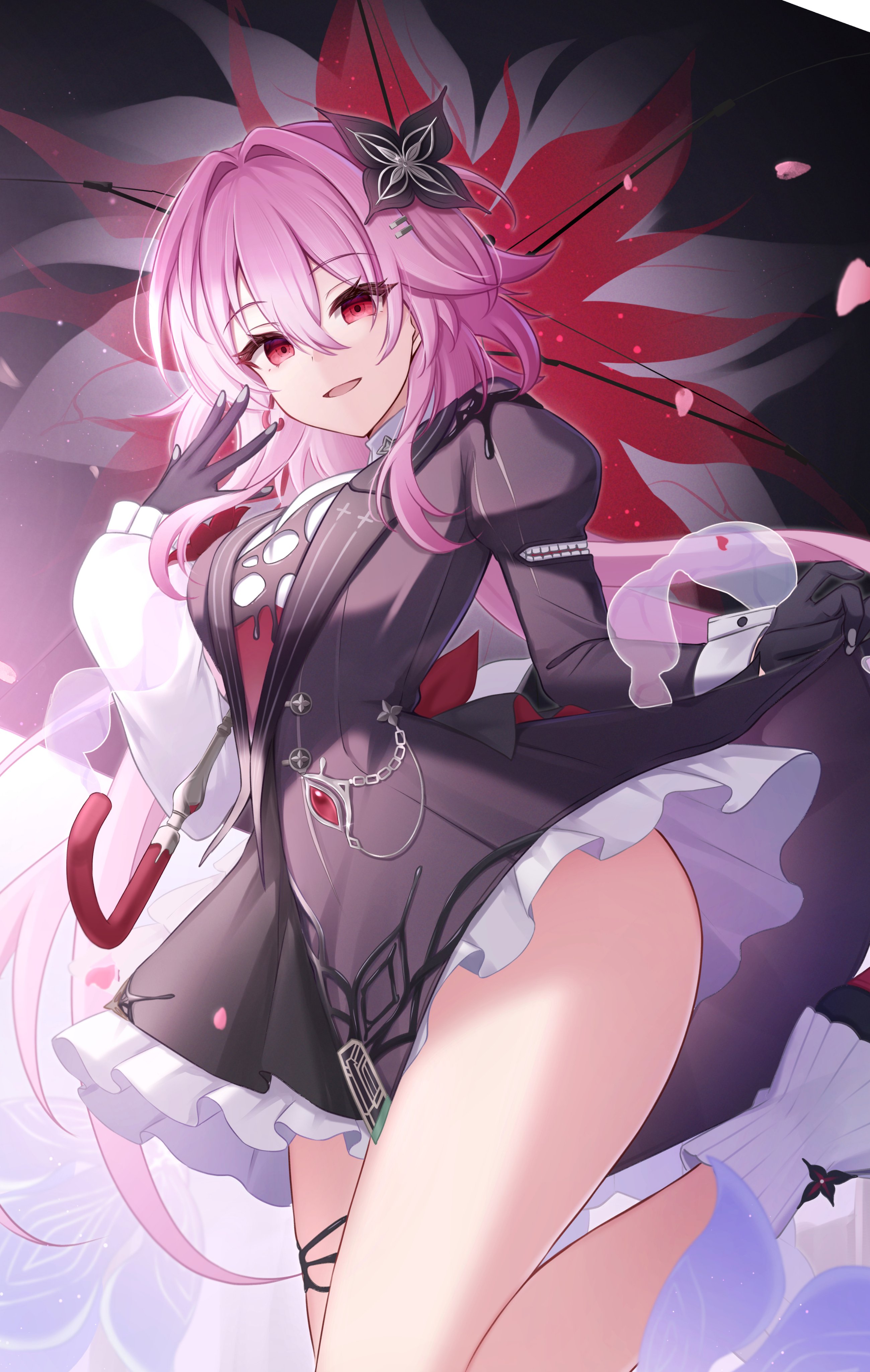 yukiunag1, evernight (honkai: star rail), march 7th (honkai: star rail), honkai: star rail, honkai (series), absurdres, commentary request, highres, 1girl, black dress, black flower, black gloves, black umbrella, dress, falling petals, flower, gloves, hair flower, hair ornament, hand up, holding, holding umbrella, long hair, looking at viewer, open mouth, petals, pink hair, red eyes, skirt hold, solo, thighs, umbrella, umbrella over shoulder