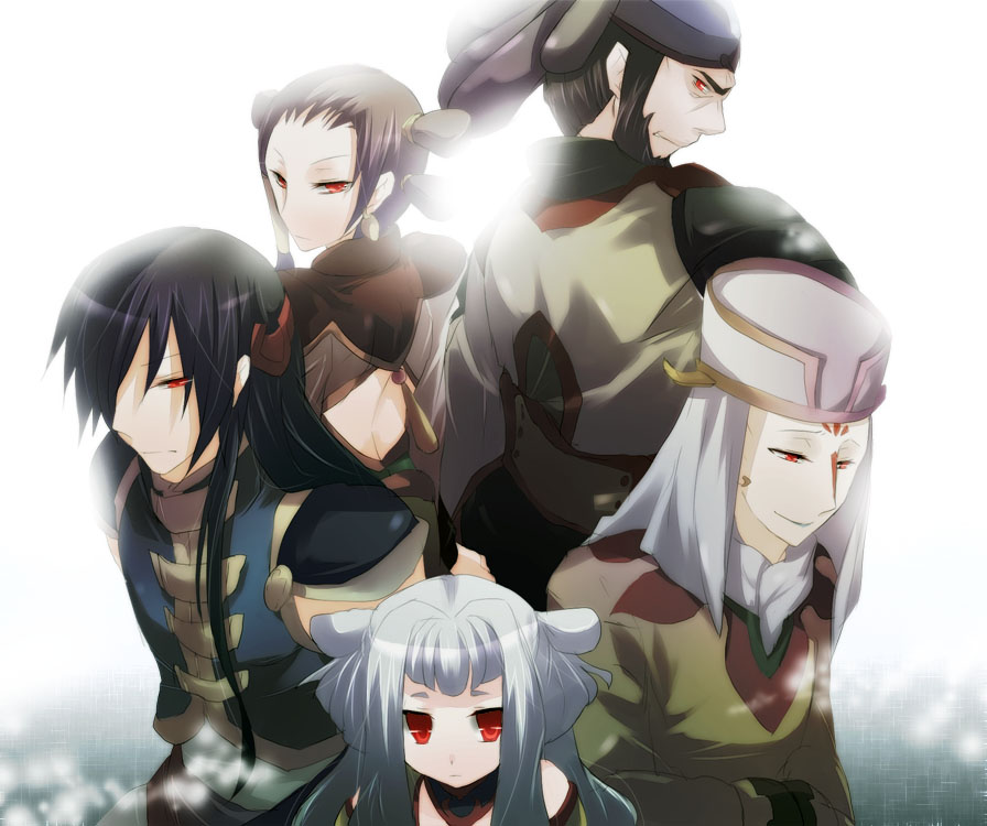 kurohara yuu, gao hai, hong gu, li xingke, tianzi, zhou xianglin, code geass, 00s, 2girls, 3boys, albino, back, black hair, brown hair, chinese clothes, everyone, hat, kurobaru, long hair, makeup, multiple boys, multiple girls, red eyes, twintails, white hair