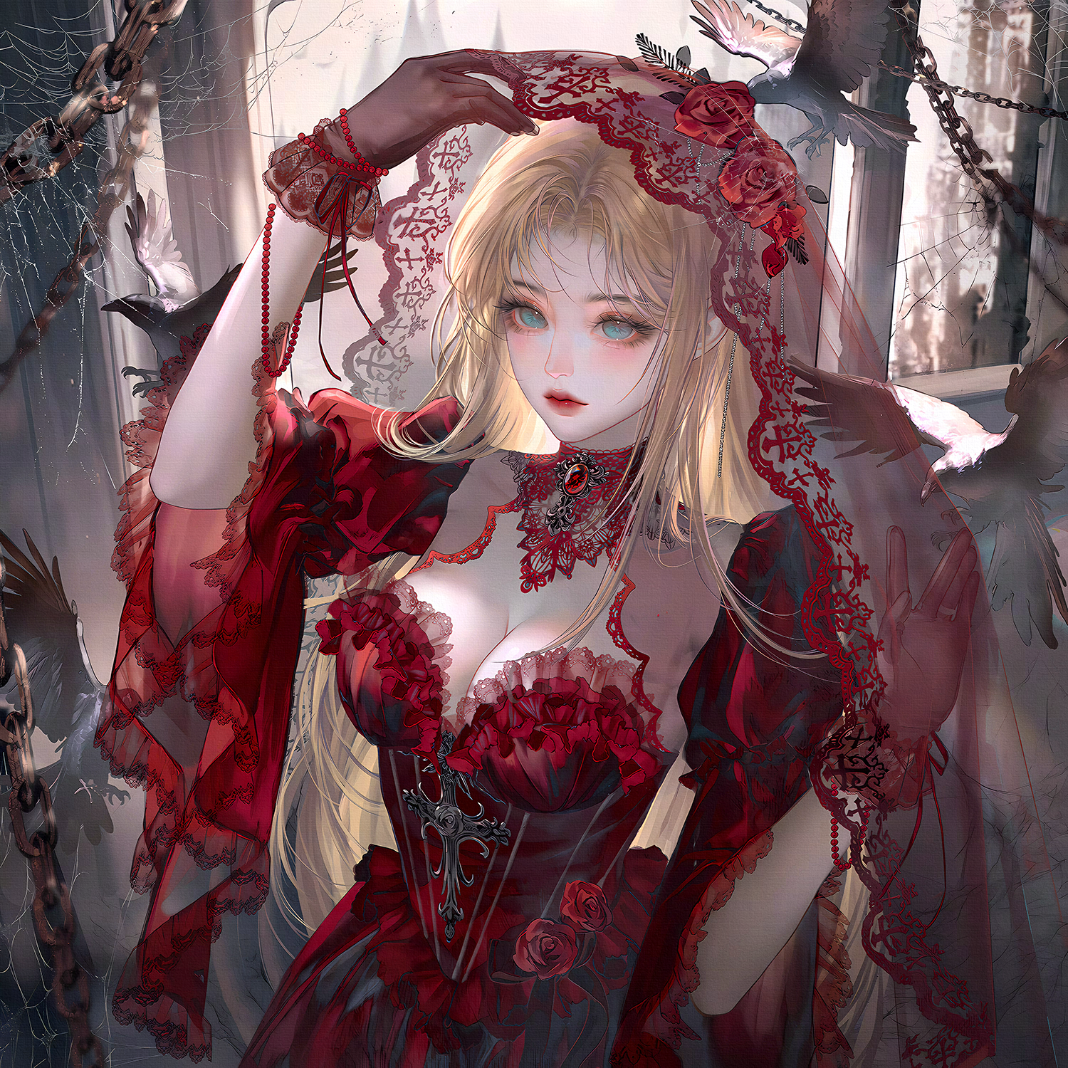 xixizi, original, highres, 1girl, bird, blonde hair, blue eyes, breasts, chain, cleavage, dress, flower, gloves, lace, lace gloves, long hair, looking at viewer, medium breasts, puffy sleeves, red dress, red flower, red lips, red rose, rose, silk, solo, spider web, upper body, veil