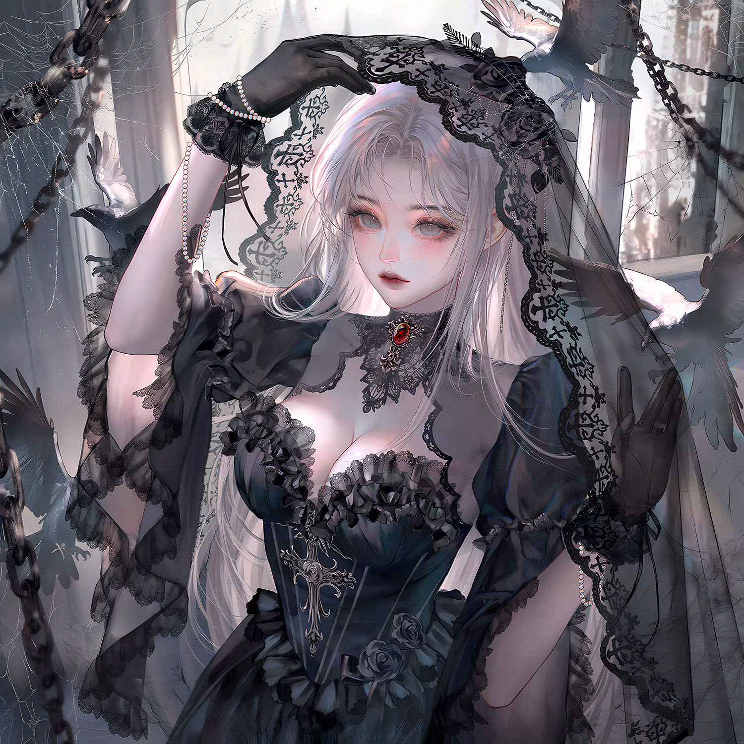 xixizi, original, highres, 1girl, bird, black dress, black gloves, breasts, chain, cleavage, crow, dress, flower, gloves, grey eyes, jewelry, long hair, looking at viewer, solo, veil, white hair