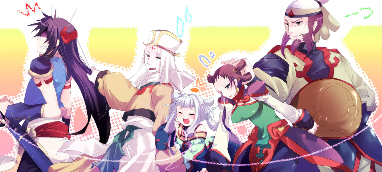 kurohara yuu, gao hai, hong gu, li xingke, tianzi, zhou xianglin, code geass, long image, wide image, 00s, 2girls, 3boys, albino, black hair, blush, brown hair, chinese clothes, closed eyes, everyone, hat, kurobaru, long hair, makeup, multiple boys, multiple girls, pale skin, sword, twintails, weapon, white hair