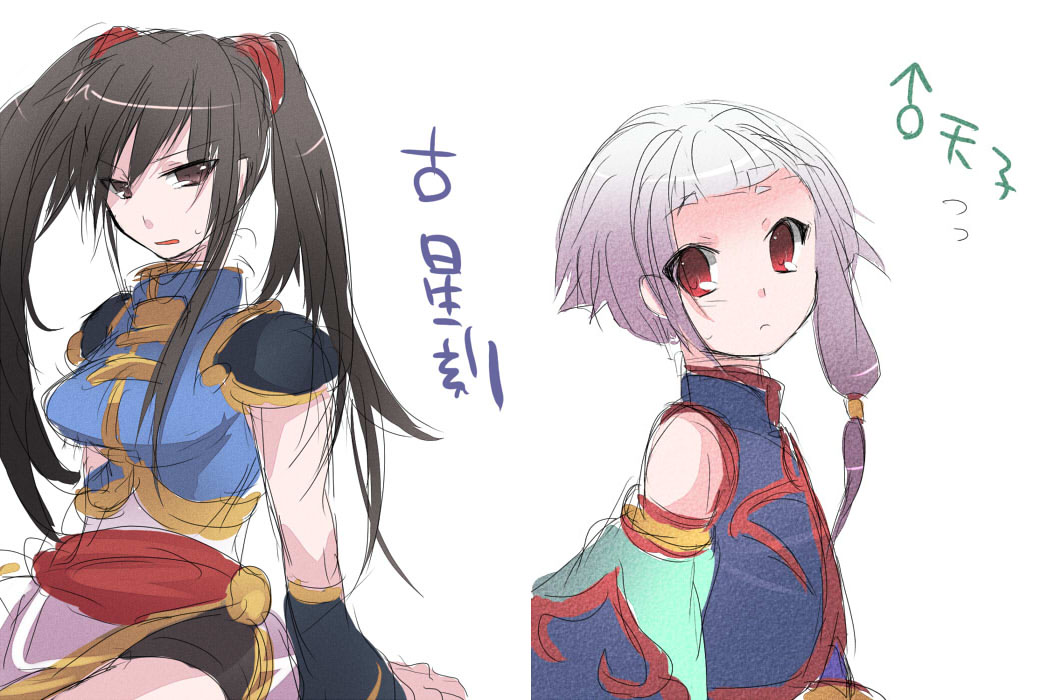kurohara yuu, jiang lihua (male), li xingke, li xingke (female), tianzi, code geass, bad id, bad pixiv id, 00s, 1boy, 1girl, alternate hairstyle, asymmetrical hair, brown eyes, brown hair, chinese clothes, genderswap, genderswap (ftm), genderswap (mtf), kurobaru, long hair, purple hair, red eyes, short hair, tangzhuang, twintails, white hair