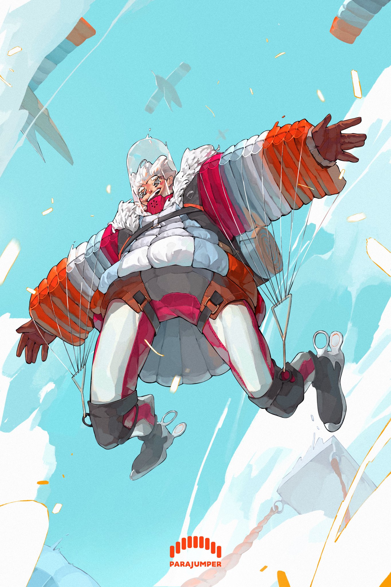patrick ganas, original, highres, 1boy, belt, blush, brown gloves, cloud, cloudy sky, falling, gloves, helmet, jacket, parachute, sky, skydive, space helmet, white hair