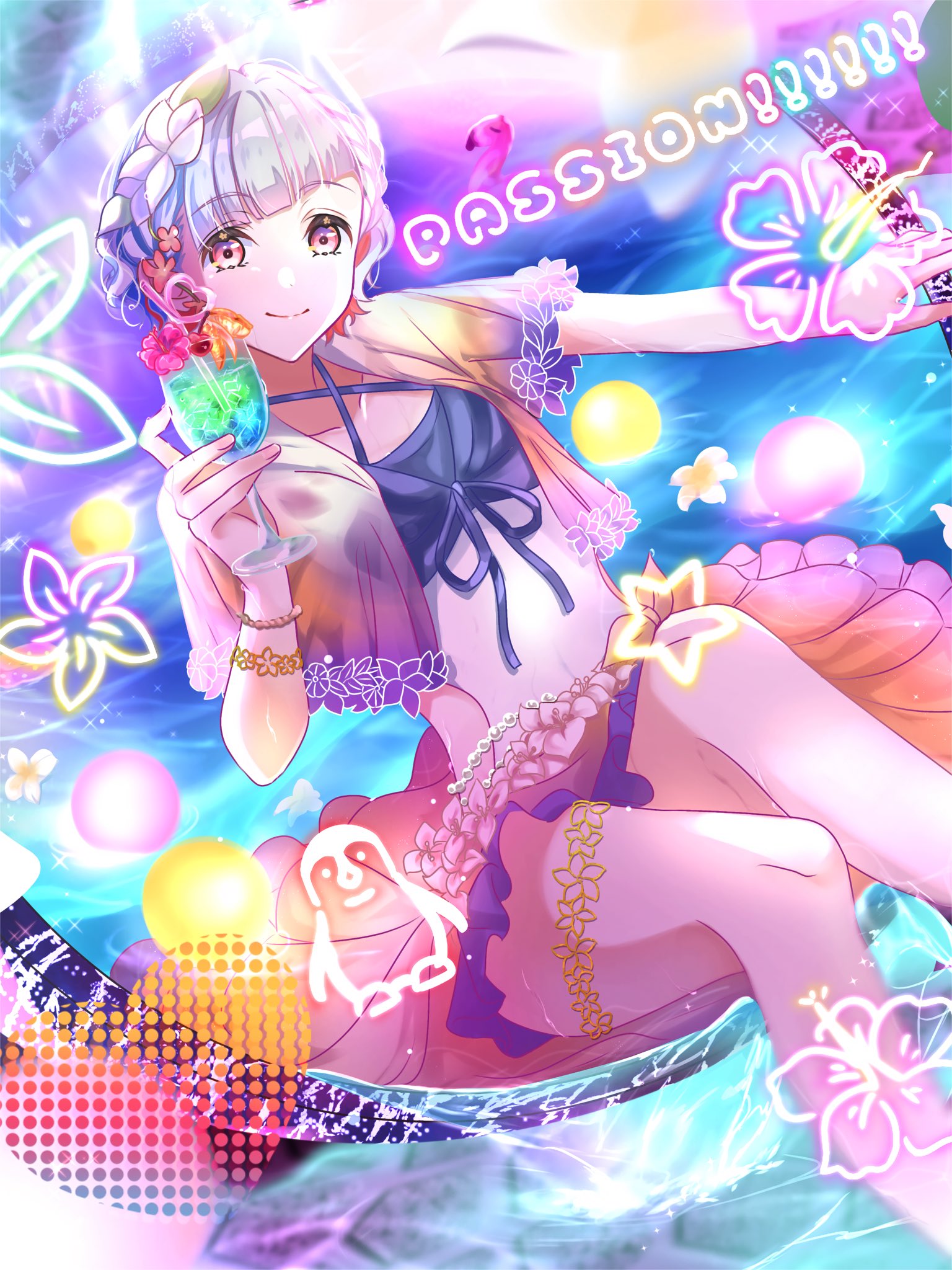 sakari (pear 8 ll), yugiri tsuzuri, link! like! love live!, love live!, commentary request, highres, 1girl, bikini, black bikini, character logo, closed mouth, collarbone, crazy straw, criss-cross halter, cup, diagonal bangs, drinking straw, floral print, garnish, gradient clothes, gradient jacket, grey hair, halterneck, heart, heart straw, hibiscus print, holding, holding cup, jacket, looking at viewer, official alternate costume, open clothes, open jacket, passion!!!!!! (love live!), pink eyes, see-through clothes, see-through jacket, short-sleeved jacket, short hair, short sleeves, sitting, smile, solo, split mouth, star (symbol), stomach, swimsuit, virtual youtuber