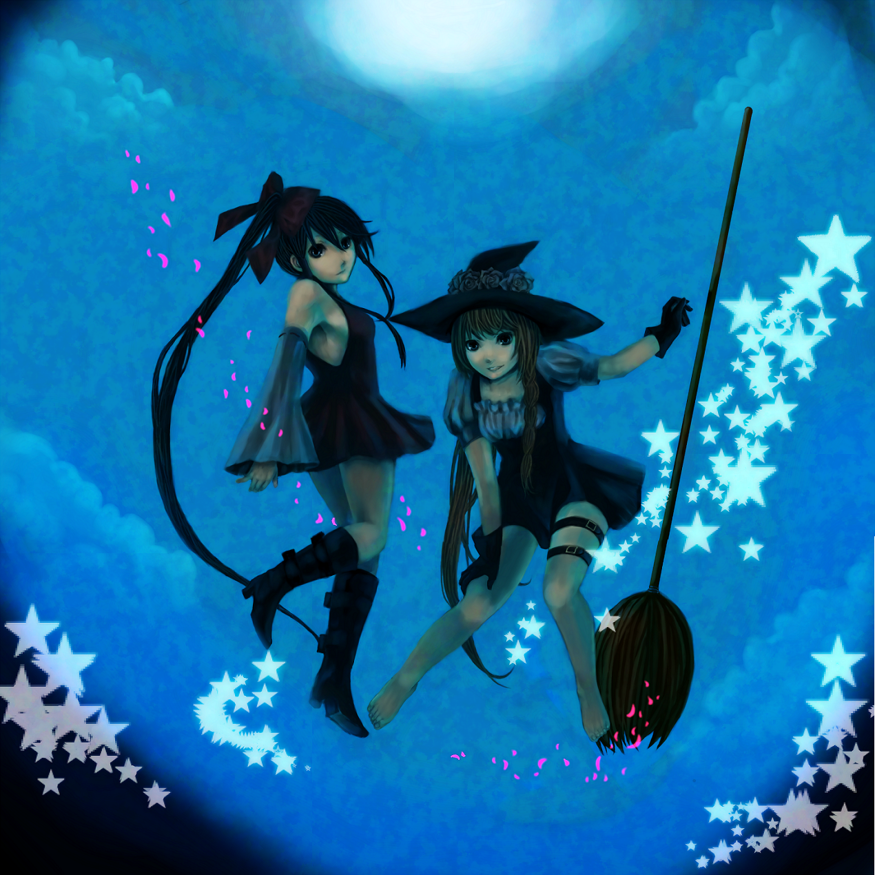 ton (pixiv297588), hakurei reimu, kirisame marisa, touhou, bad id, bad pixiv id, highres, 2girls, adapted costume, alternate hair length, alternate hairstyle, bare shoulders, barefoot, blonde hair, boots, breasts, broom, detached sleeves, female focus, flying, full moon, hat, knee boots, kneepits, looking at viewer, moon, multiple girls, night, ponytail, puffy short sleeves, puffy sleeves, short sleeves, sideboob, thigh strap, witch hat