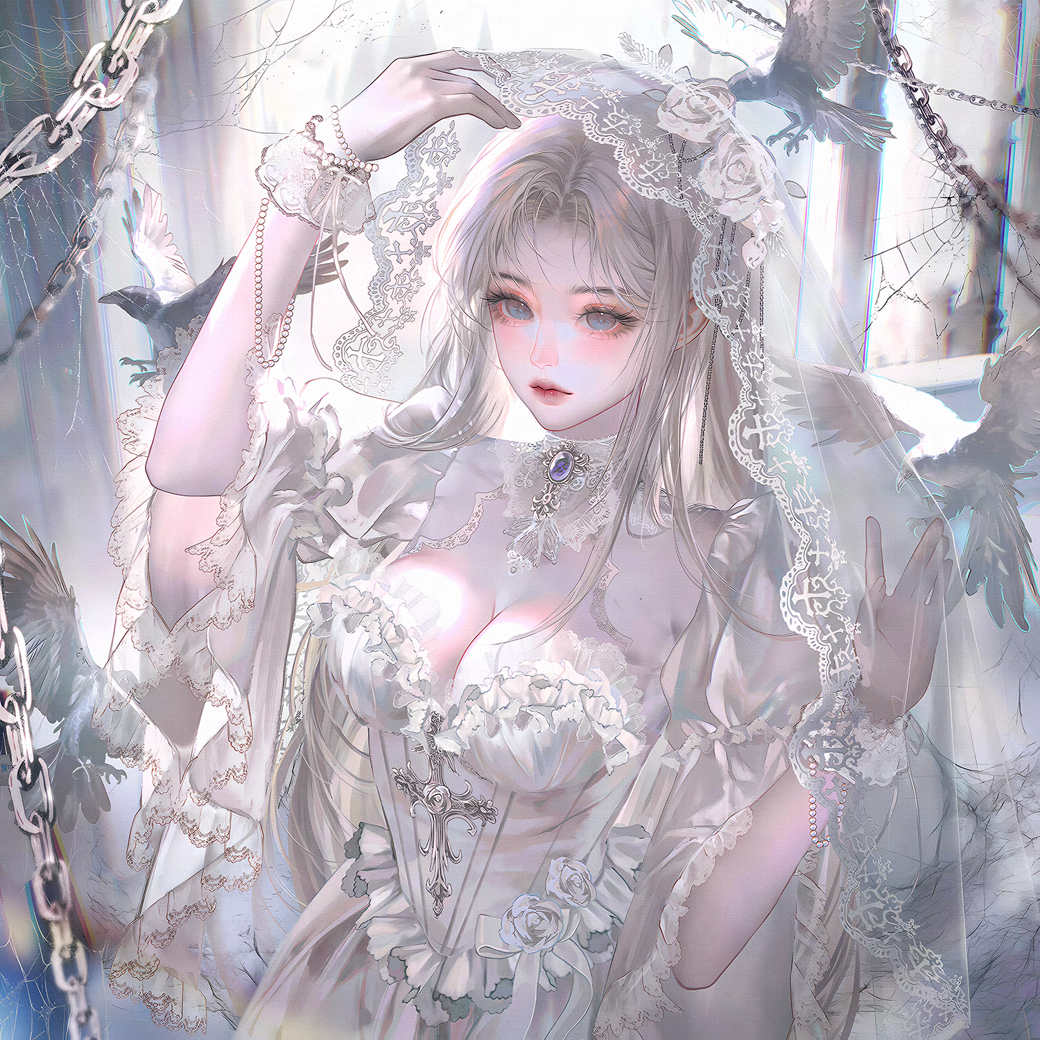 xixizi, original, highres, 1girl, bird, blonde hair, blue eyes, breasts, chain, cleavage, dress, flower, frills, gem, jewelry, large breasts, long hair, looking at viewer, rose, solo, upper body, veil, white dress, white flower, white rose, white theme