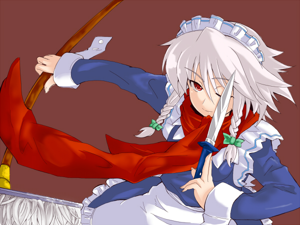 yude, izayoi sakuya, touhou, silver hair, bad id, bad pixiv id, 1girl, braid, female focus, knife, maid, ribbon, short hair, simple background, solo, throwing knife, twin braids, twintails, weapon
