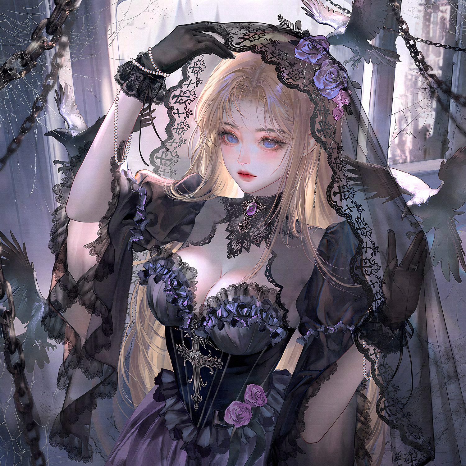 xixizi, original, highres, 1girl, bird, black dress, black gloves, blonde hair, blue eyes, breasts, chain, cleavage, crow, dress, flower, gloves, jewelry, large breasts, long hair, looking at viewer, rose, solo, upper body, veil