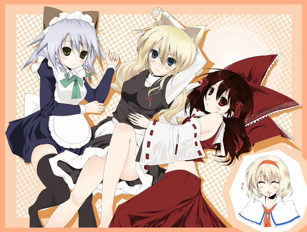suzume miku, alice margatroid, hakurei reimu, inu sakuya (nejikirio), izayoi sakuya, kirisame marisa, touhou, silver hair, bad id, bad pixiv id, 4girls, animal ears, blonde hair, blood, blush, brown hair, cat ears, cat girl, dog ears, female focus, japanese clothes, kemonomimi mode, long hair, maid, miko, multiple girls, nosebleed, short hair, socks, thighhighs