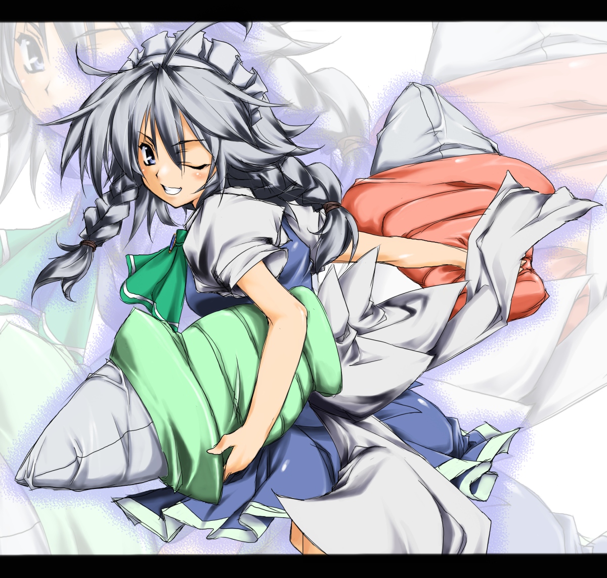 take shinobu, takesinobu, izayoi sakuya, touhou, silver hair, bad id, bad pixiv id, 1girl, blue eyes, braid, female focus, maid, one eye closed, pillow, solo, twin braids, wink, zoom layer